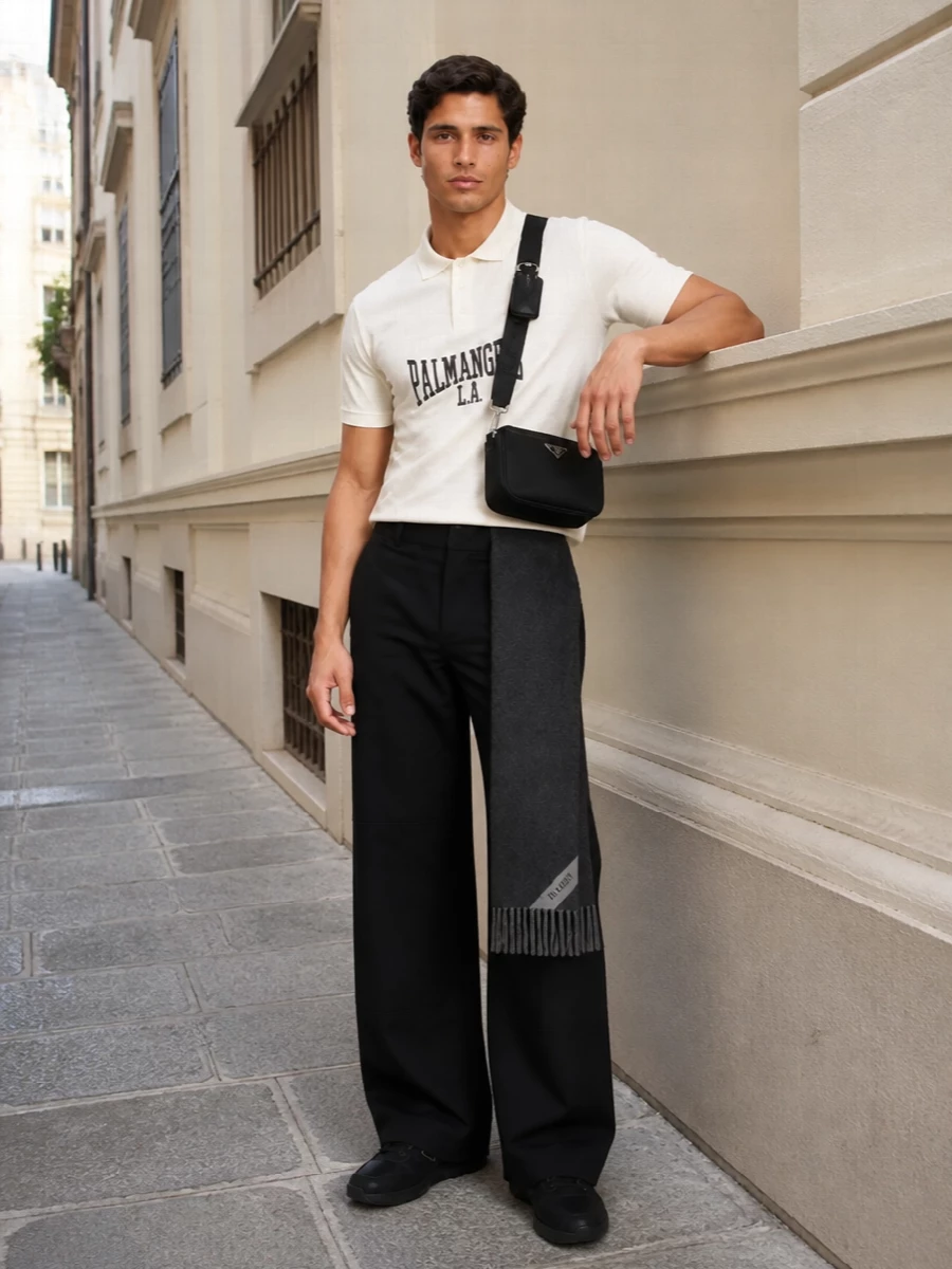 Palm angels polo wide leg trousers prada sneakers