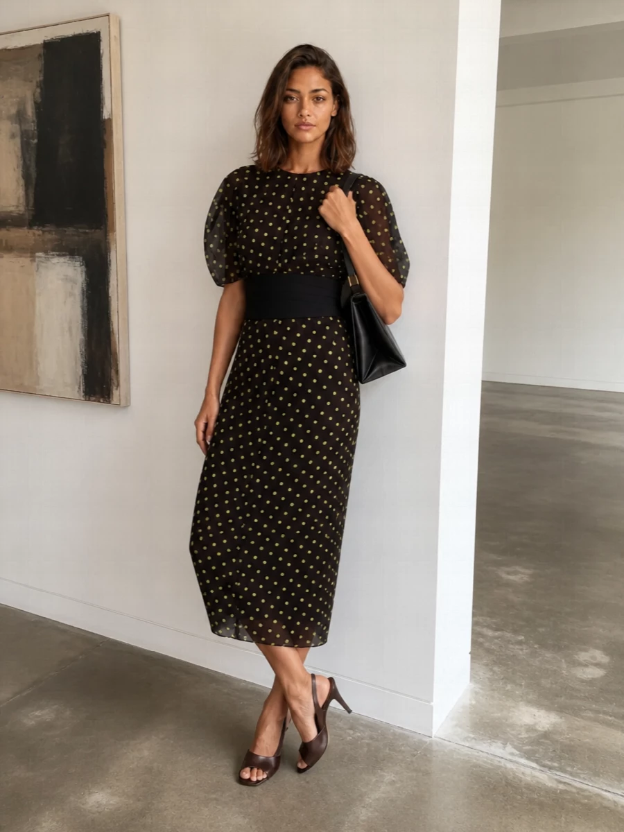 Marni polka dot midi dress chocolate slingback heels