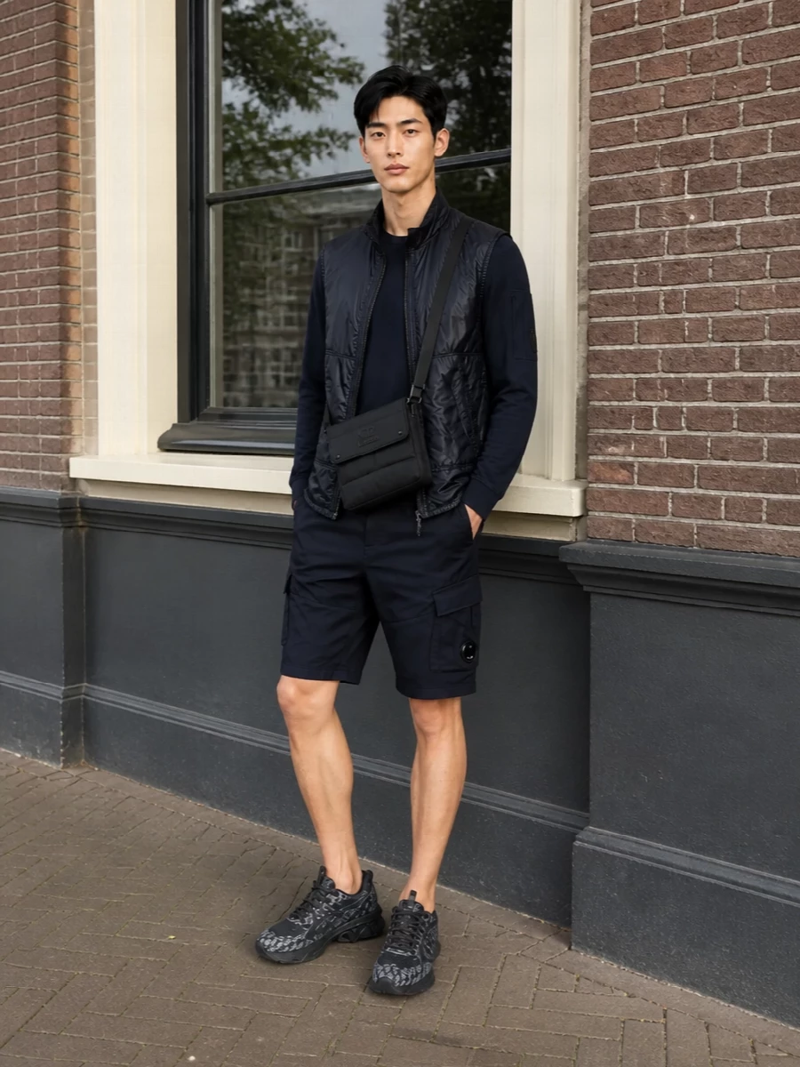Cp company navy gilet cargo shorts outfit