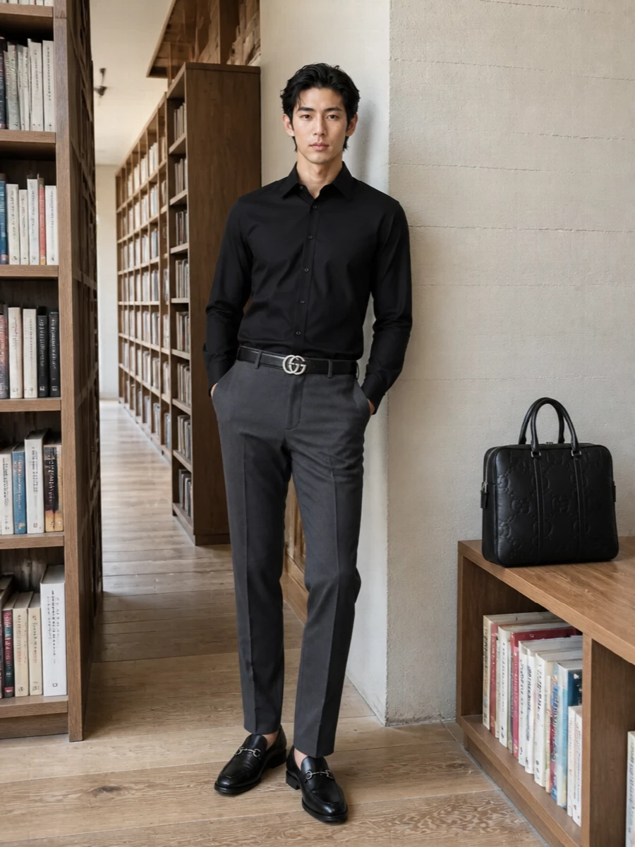 A precision-cut black shirt sits against slim charcoal trousers for a monochrome palette that feels considered rather than stark. Sleek horsebit loafers and an embossed belt keep the hardware in a single, quiet silver story. A structured briefcase finishes the outfit with the same restrained geometry, ready for dinners straight out of the office.
