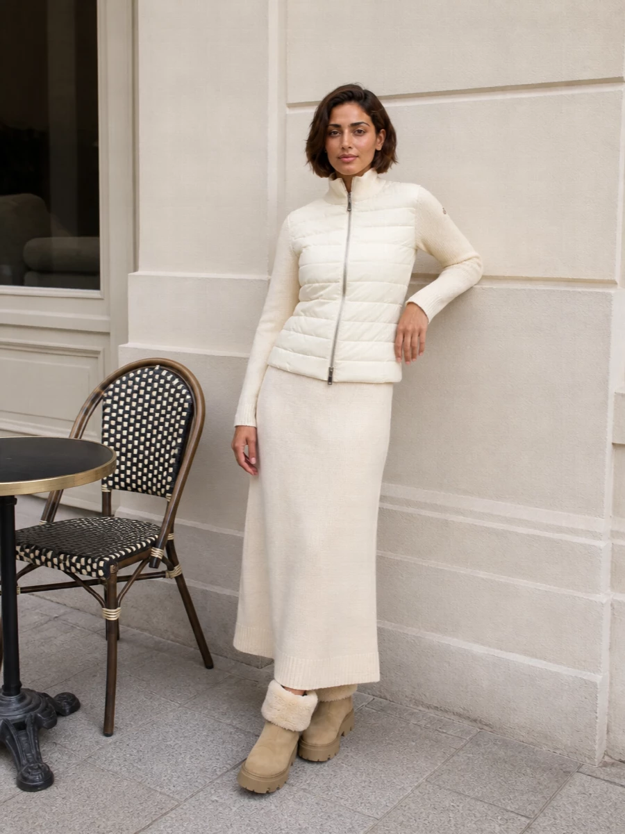 Moncler cream puffer jil sander knit dress outfit