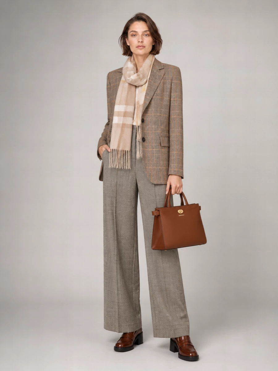 Prince-of-Wales tailoring stays soft here, pairing the taupe blazer with a muted Max Mara check wide-leg trouser for a long, relaxed line that still reads decisively boardroom-ready. Cognac Tod’s loafers and a structured Burberry bag pick up the blazer’s warm overcheck, keeping everything in the same quiet, caramel-brown register. A neutral checked scarf adds gentle texture and warmth without disturbing the refined, preppy balance of the outfit.
