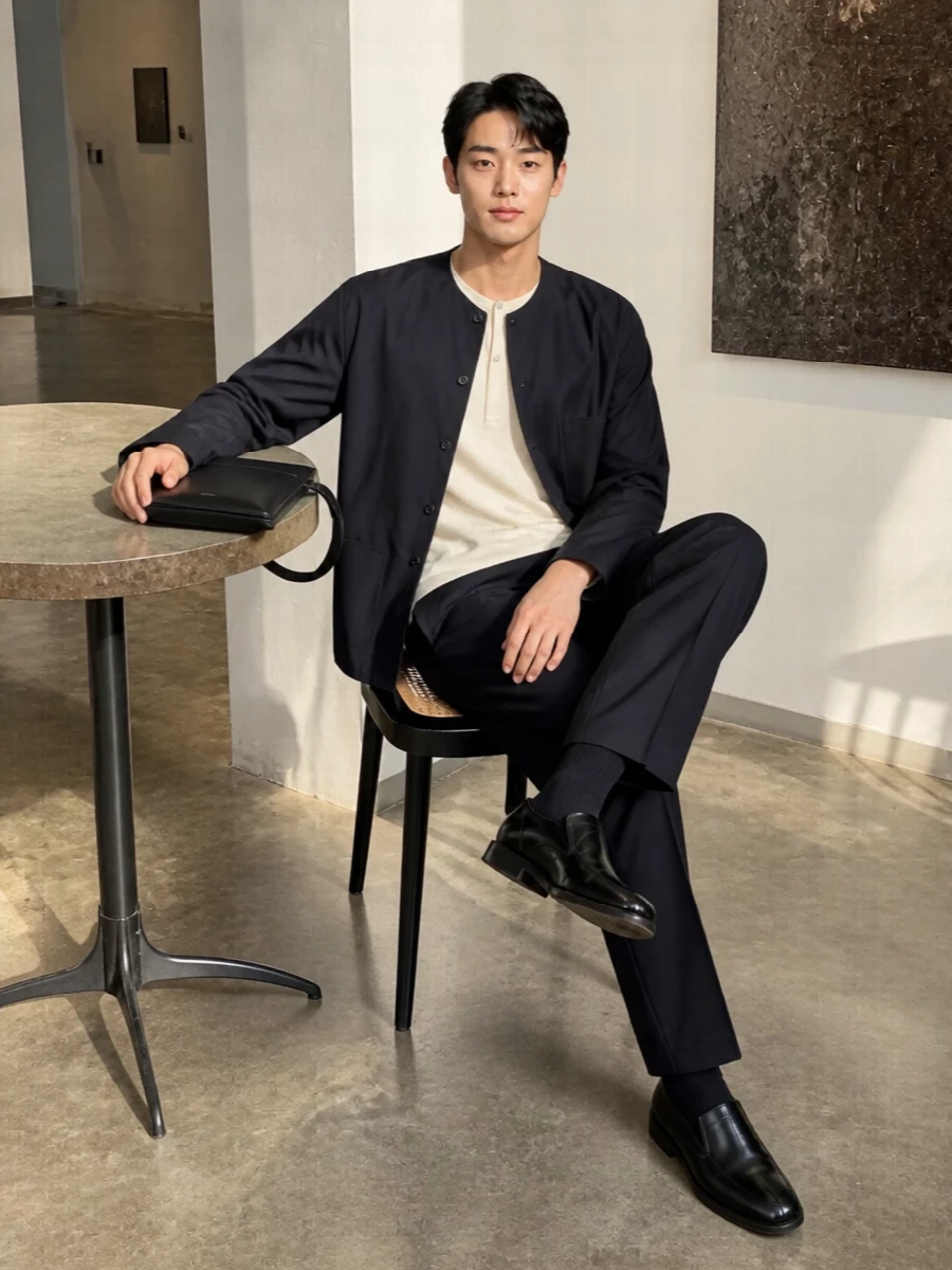 Lemaire navy jacket wide trousers outfit
