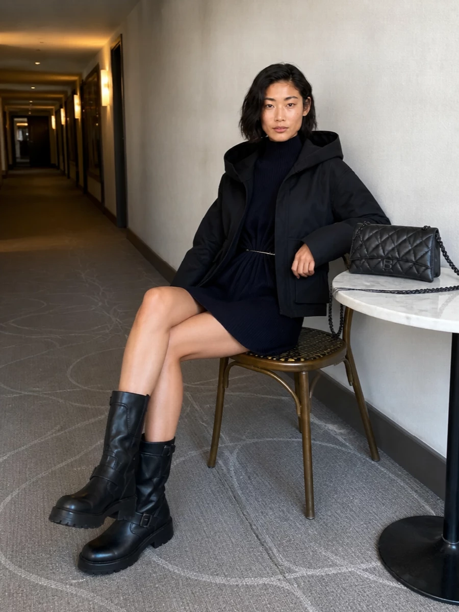 Balenciaga jacket knit mini dress boots
