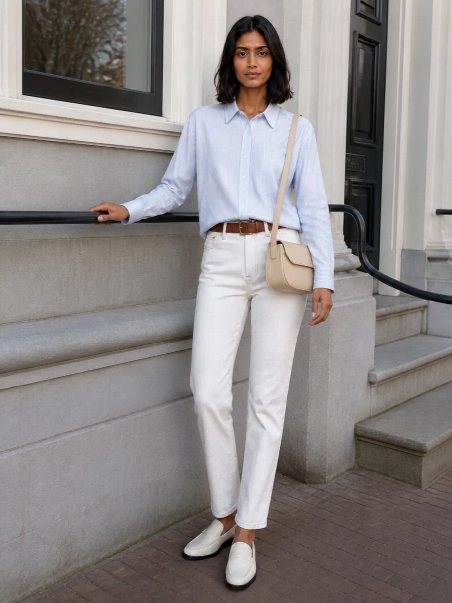 Apc striped shirt white jeans loafers outfit