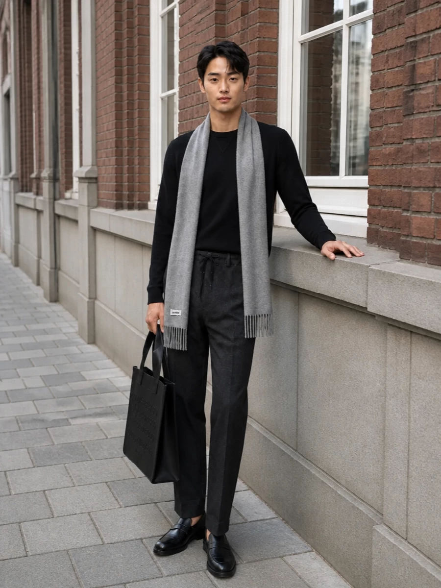 Eleventy black sweater charcoal trousers outfit