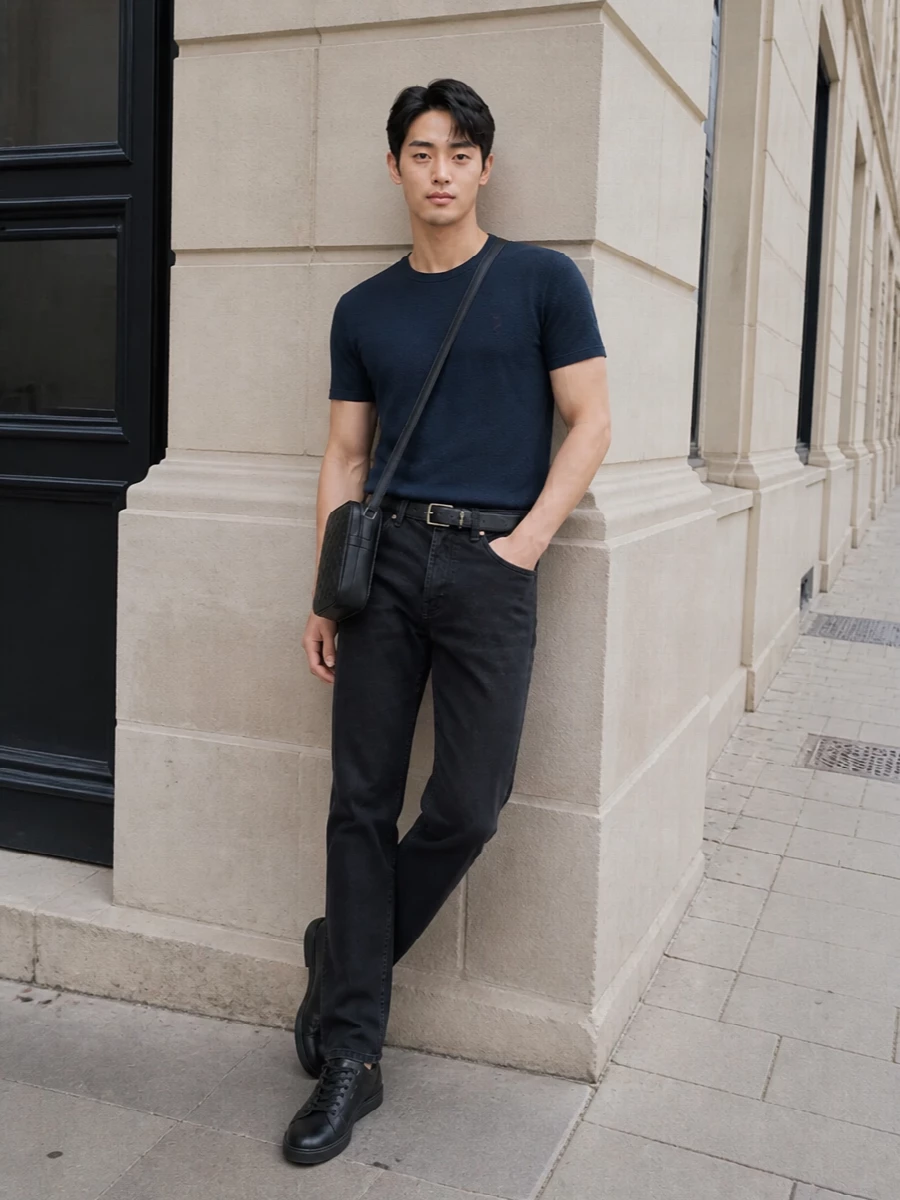 Saint laurent navy tee black jeans outfit