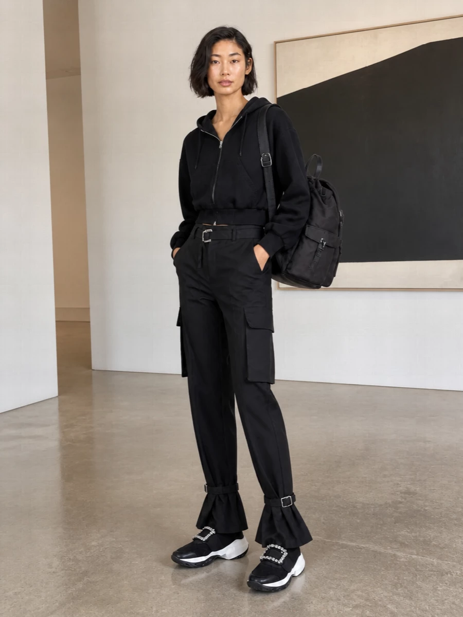 This outfit leans into high-end city streetwear, pairing a cropped black Mm6 hoodie with sharply engineered Attico cargo pants for a strong, utility-driven silhouette. The high waist and controlled flare of the cargos balance the volume up top, while the sculpted Roger Vivier sneakers introduce refined hardware that subtly speaks to the backpack. I chose the top-and-bottom route over a dress to keep the vibe practical and technical, true to the backpack’s urban-utility DNA.