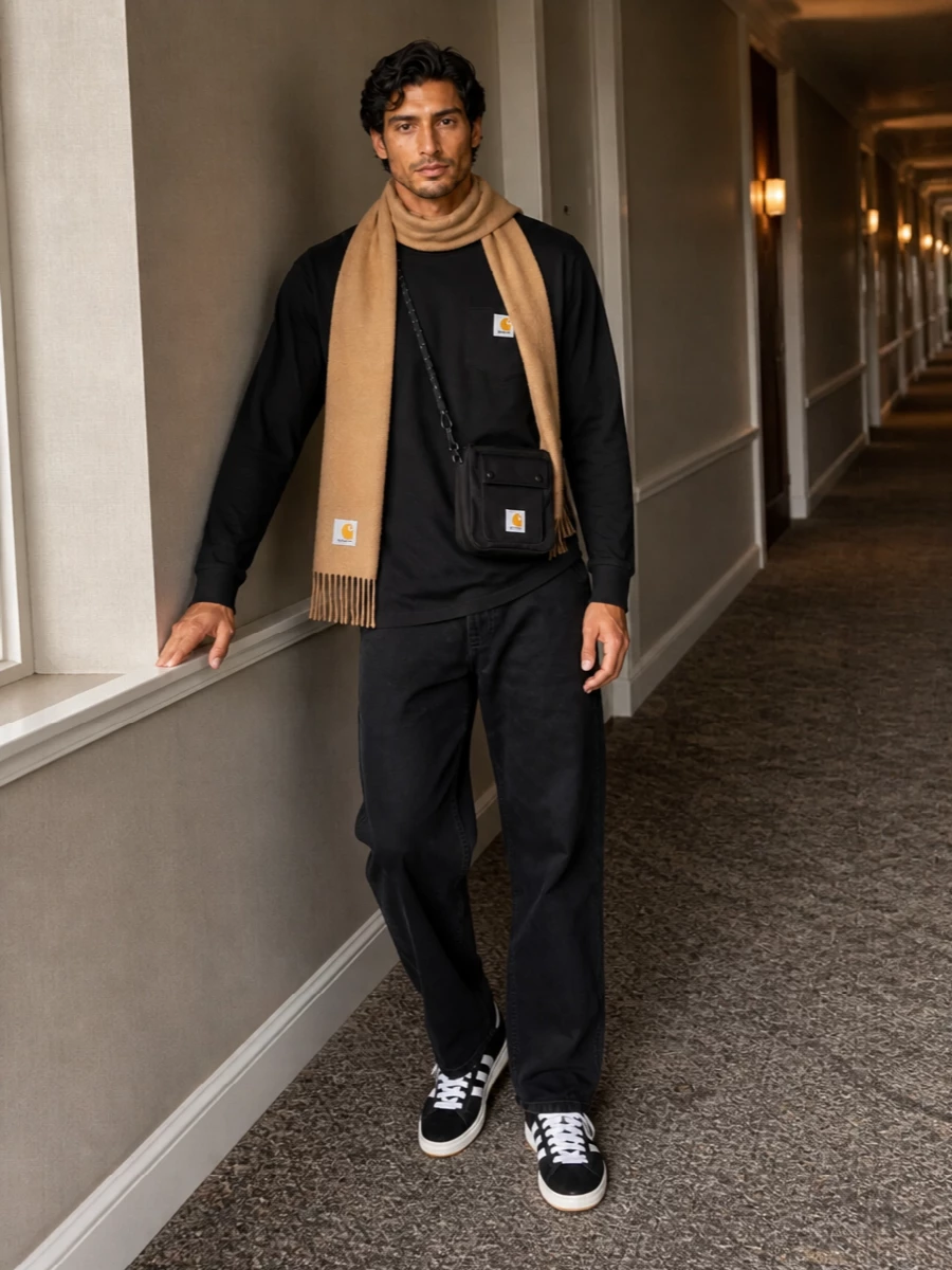 A black workwear tee, straight faded black pants and terrace sneakers build a low-key uniform that feels grounded but not heavy. The compact crossbody and camel scarf bring just enough function and warmth to keep it city ready without cluttering the lines.
