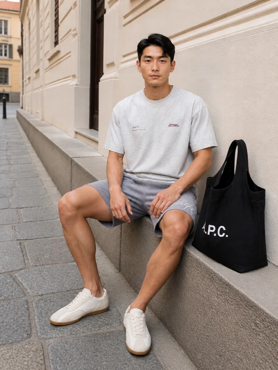 Represent grey tee with shorts and sneakers
