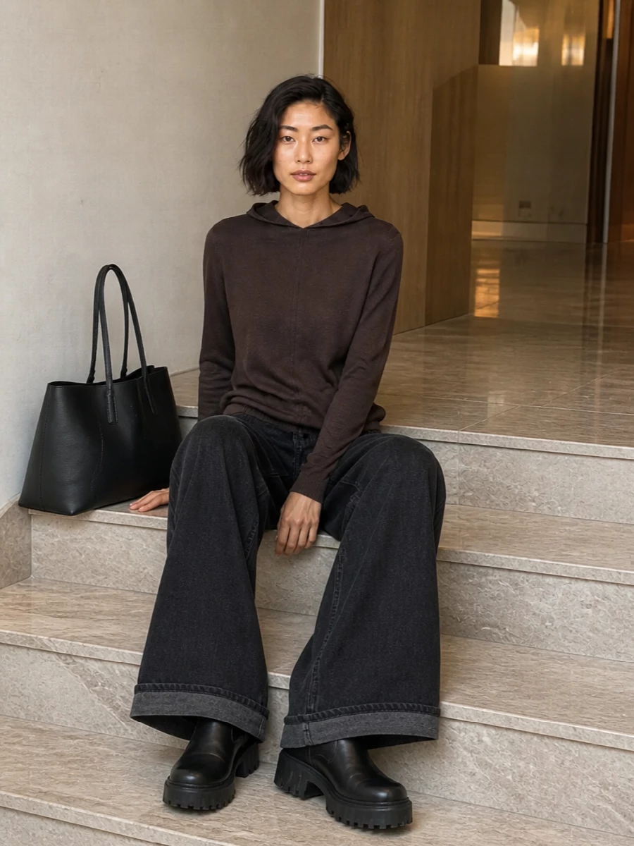 This outfit leans into urban utility with a quiet-luxury twist, pairing the cocoa Rick Owens hooded knit with elongated wide-leg washed black denim over the chunky combat boots. The long, fluid jean softens the boot’s toughness, while the sculptural Golden Goose tote keeps the lines sharp enough for city days and casual dinners. Choosing the top and bottom route, rather than a dress, lets the boots feel integral to the silhouette instead of an afterthought to eveningwear tailoring.