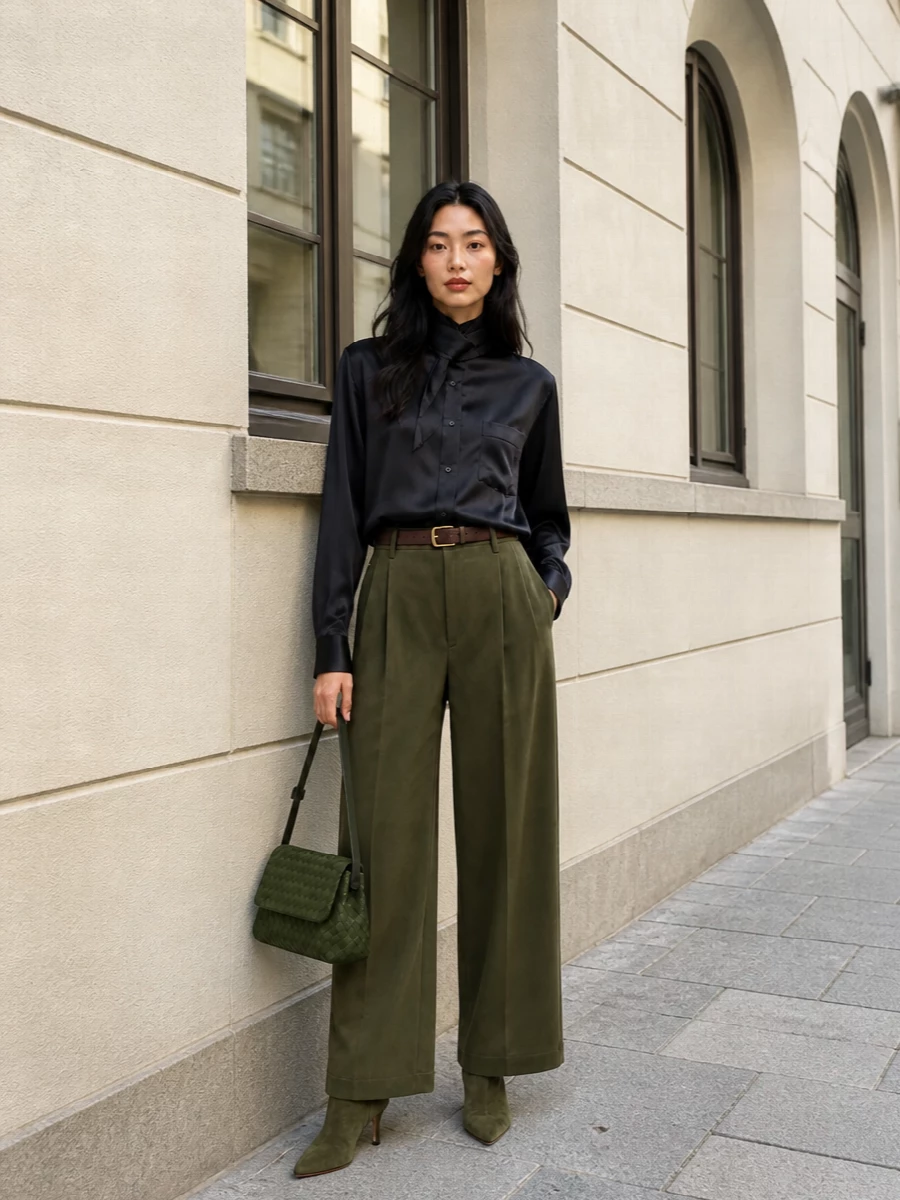 Darkpark olive wide leg trousers satin shirt