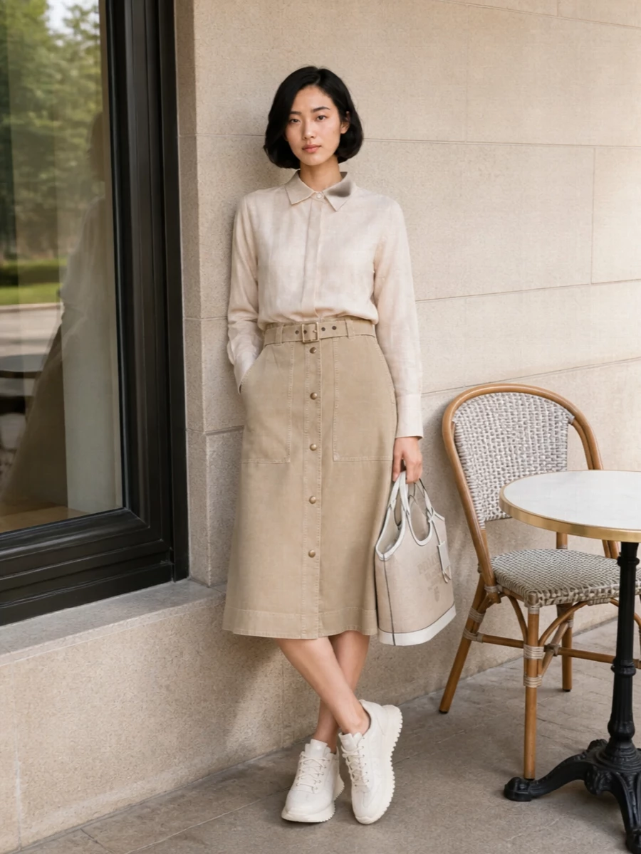 A sand-toned A-line midi skirt and relaxed neutral shirt create a softly structured monochrome outfit that reads clean, utilitarian and quietly luxurious. Cream runners keep it modern and practical, while the canvas tote reinforces the minimalist palette and easy city-to-weekend versatility.