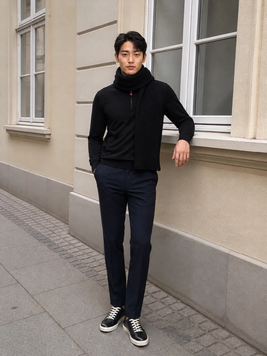 Black and ink navy keep the palette tight and deliberate, letting the focus sit on fine texture and precise lines. The straight-leg trouser and clean low-top sneaker create a modern, balanced profile that works from coffee meetings to late dinners. Small red accents read as a quiet signature rather than a logo moment, giving the whole outfit a composed, discreet energy.