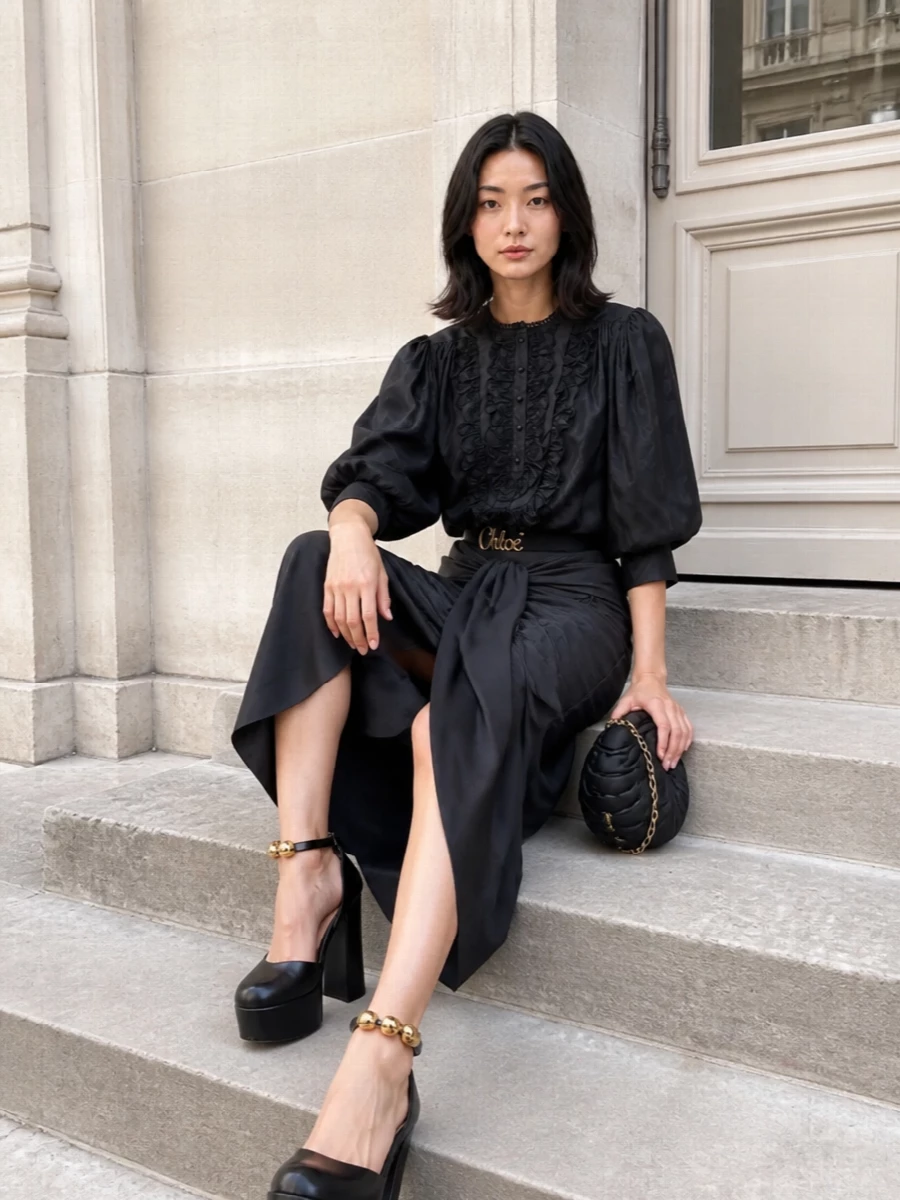 Chloe black blouse draped charcoal midi outfit