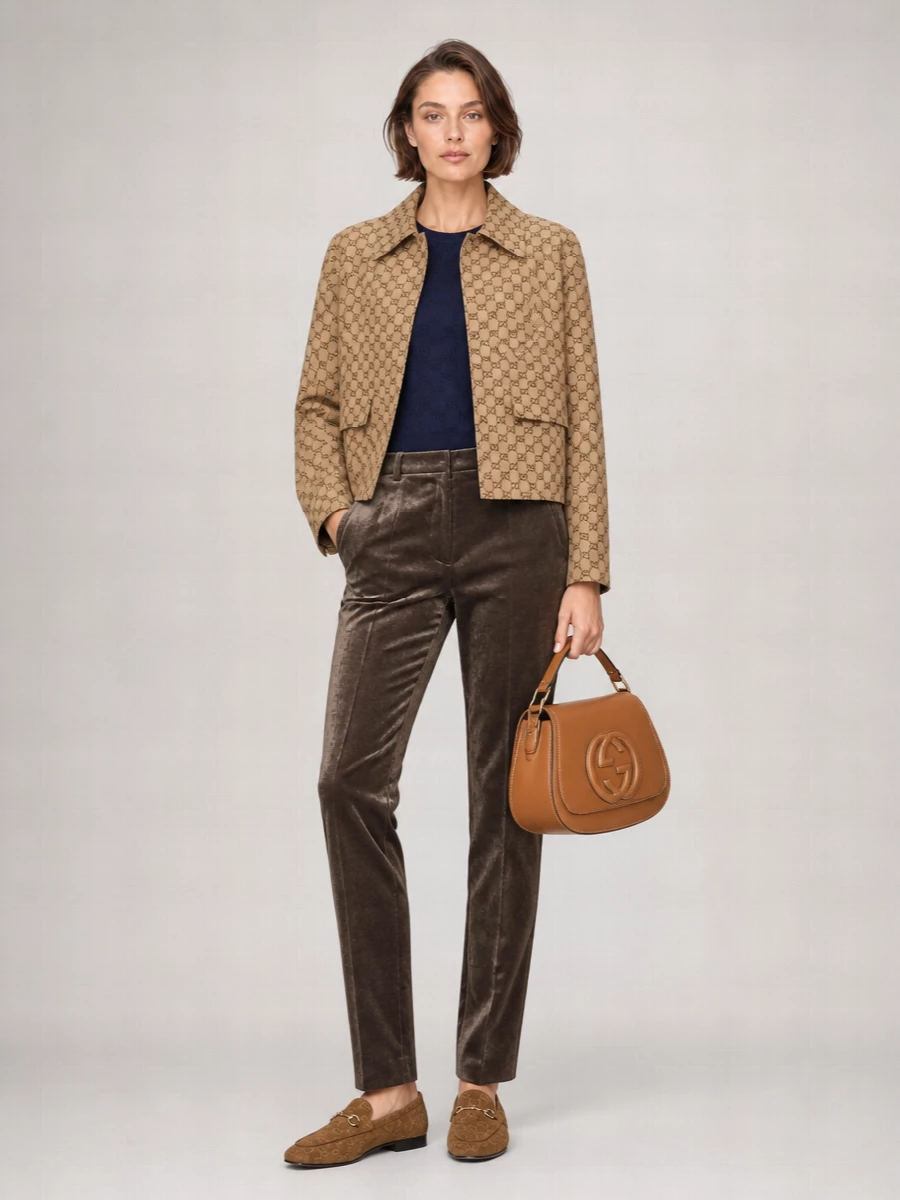I’m building around the jacket with tailoring rather than a dress so the cropped GG canvas can behave like a modern street-preppy shell over sharp trousers. The navy knit and chocolate pant create a long, dark column that lets the camel sit on top as the statement, while loafers and a structured tan bag keep it polished but easy for daytime city dressing. It reads like Gucci heritage translated into clean, wearable streetwear with just enough logo play.