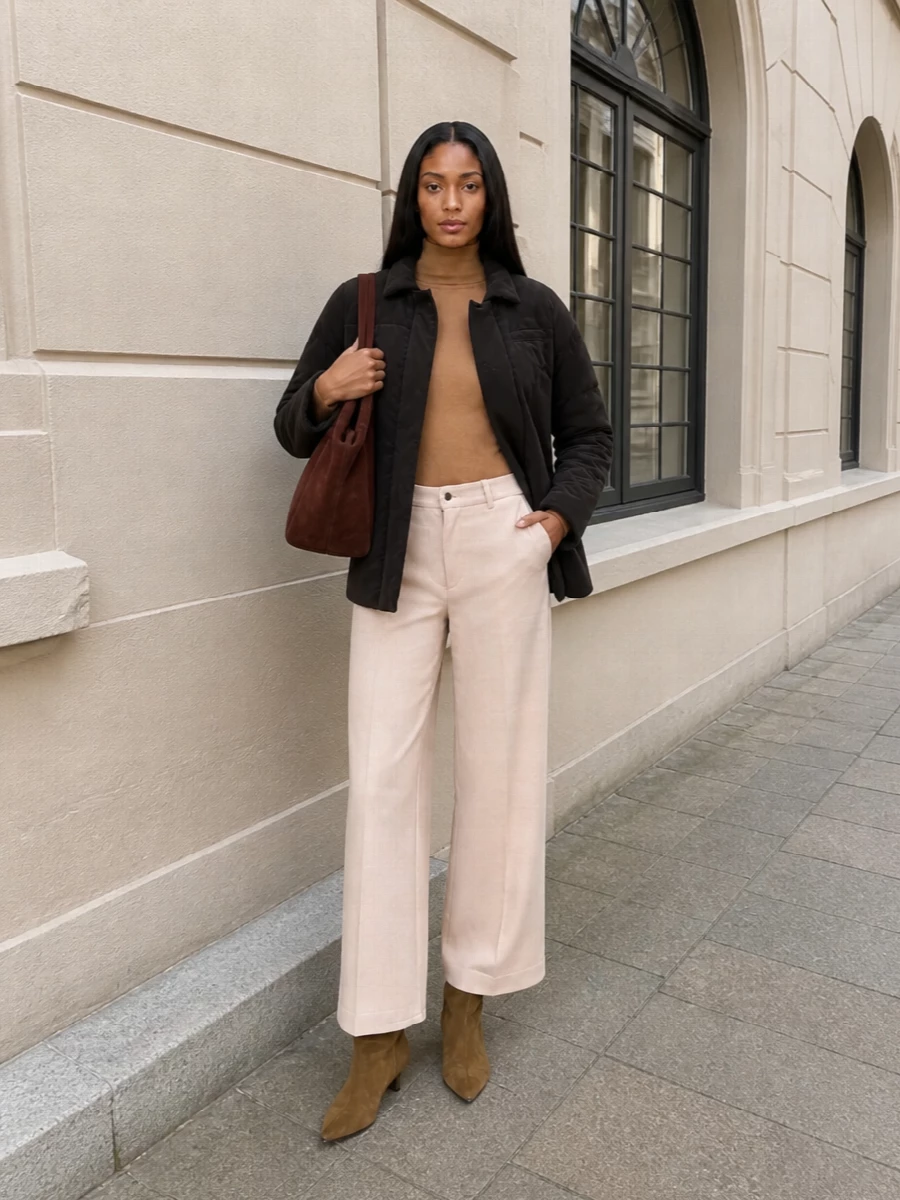 Kiton parka camel turtleneck wide leg trousers