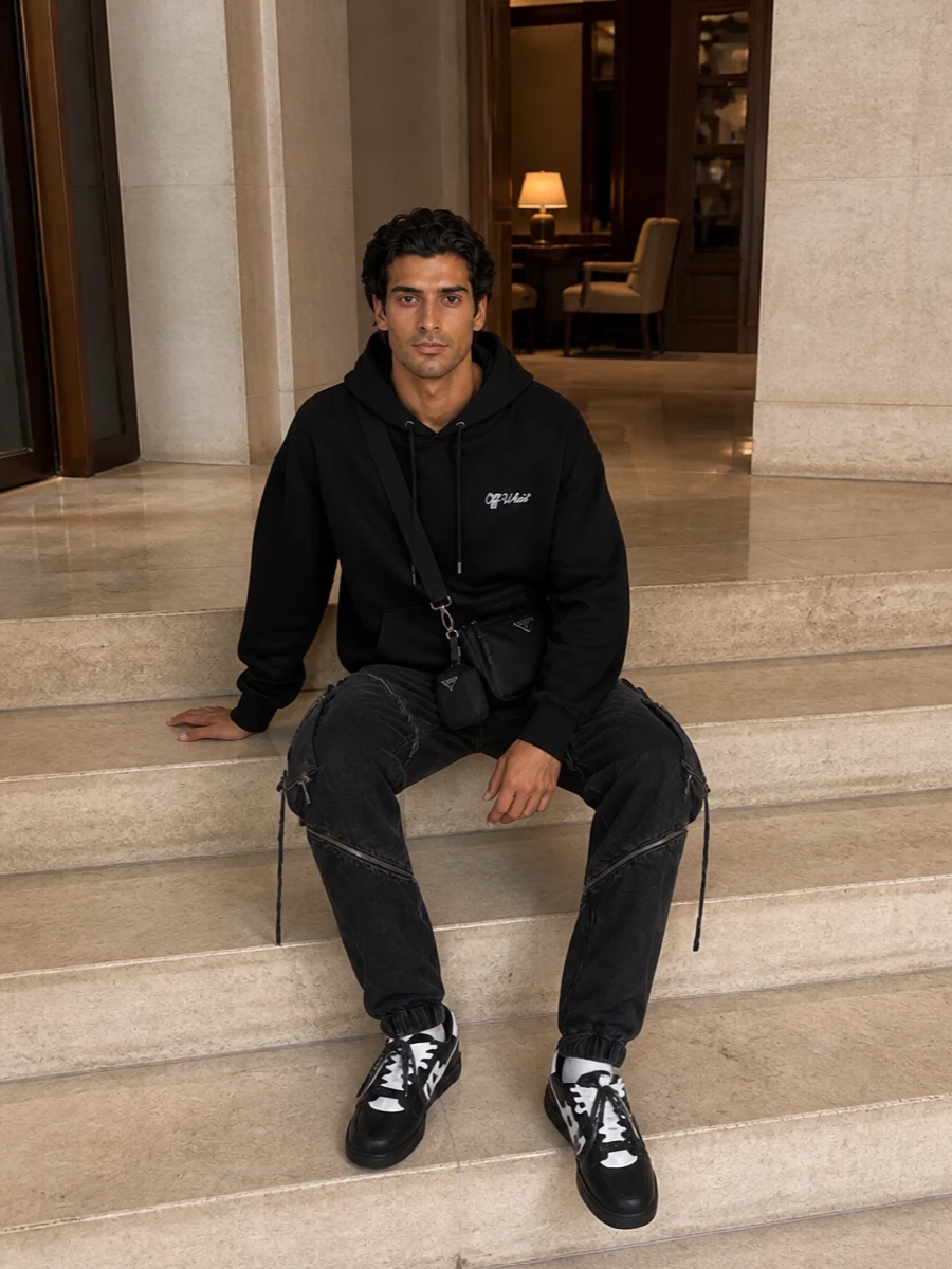 Off white hoodie cargo pants prada crossbody