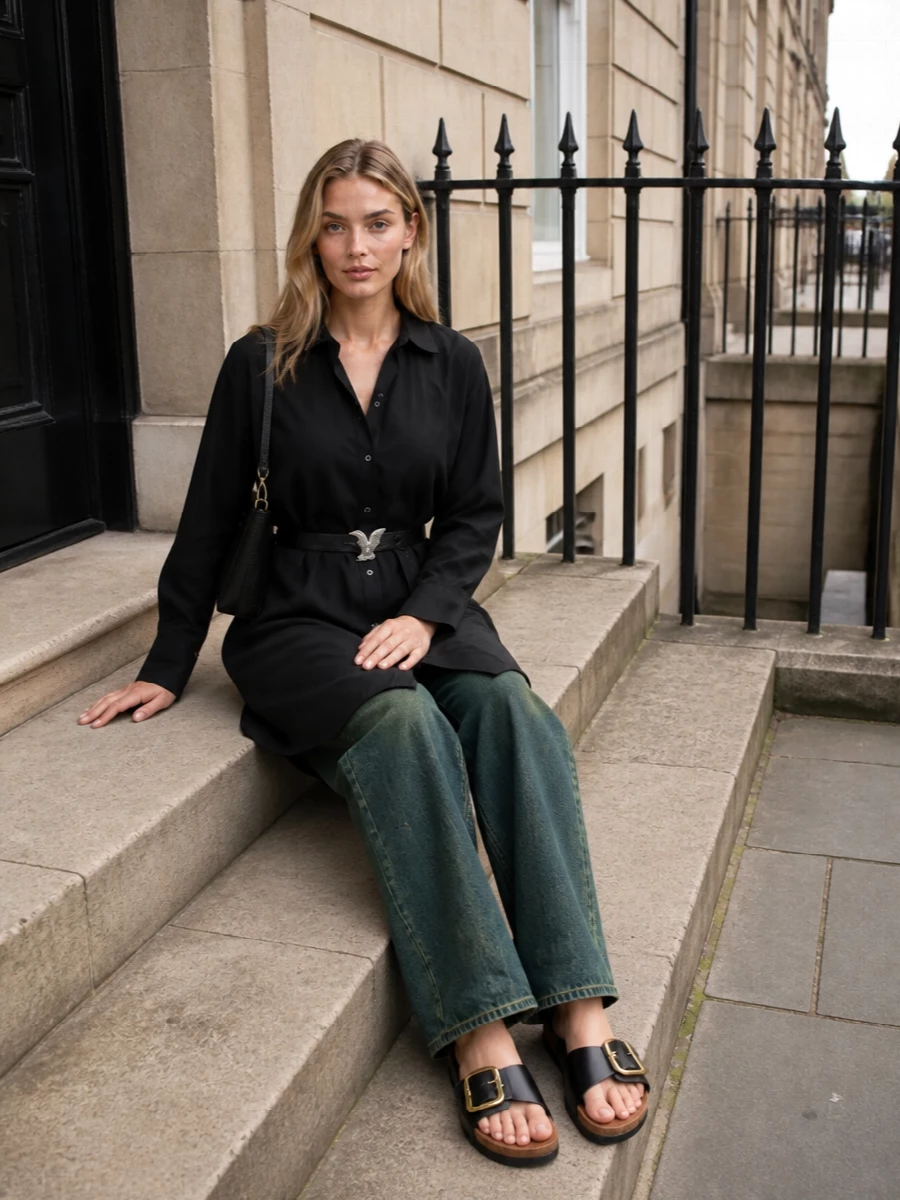 I am anchoring everything with the long black Our Legacy shirt dress so the bird belt can cut a graphic, almost talismanic line around a clean column. Flat black slides and a slim shoulder bag keep the mood relaxed and urban, with just enough hardware to feel considered without tipping into decoration. The result is a quiet, minimalist summer uniform where the belt is the one sculptural gesture against an otherwise calm silhouette.