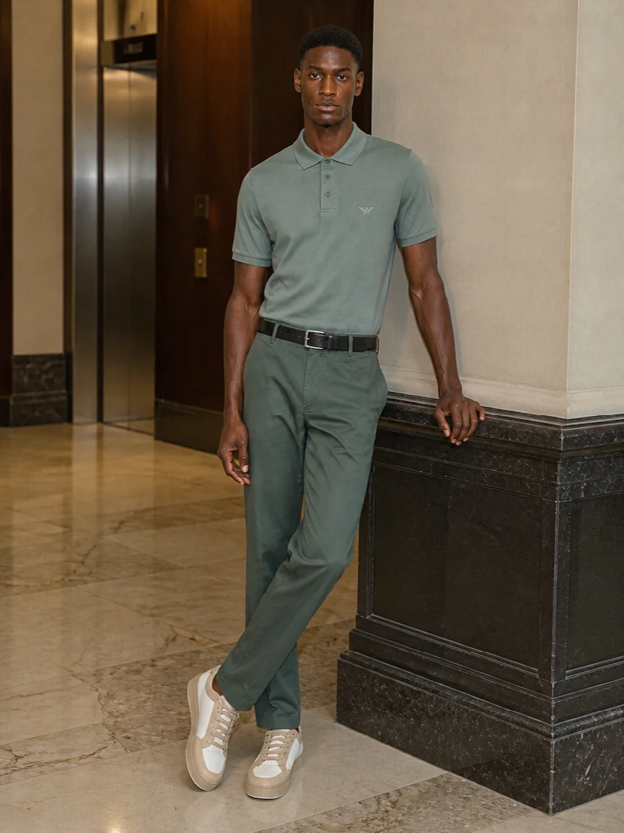 Sage tailoring stays relaxed here, grounded with a matching green polo that keeps the line clean and unfussy. Off white and sand sneakers and a navy tote introduce quiet contrast while staying firmly in a minimal, Italian mood. A simple black belt finishes everything with discreet structure rather than statement hardware.