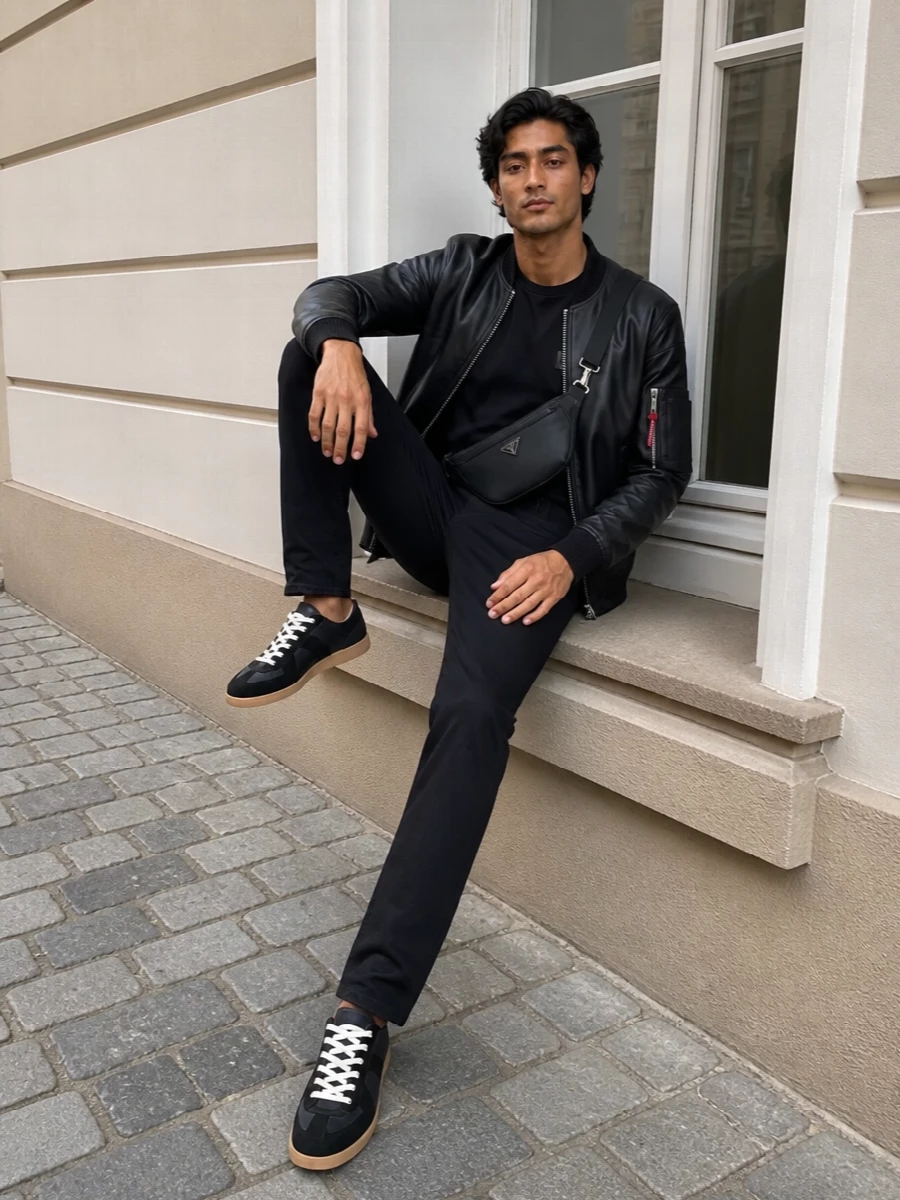 Dsquared2 leather bomber black jeans sneakers