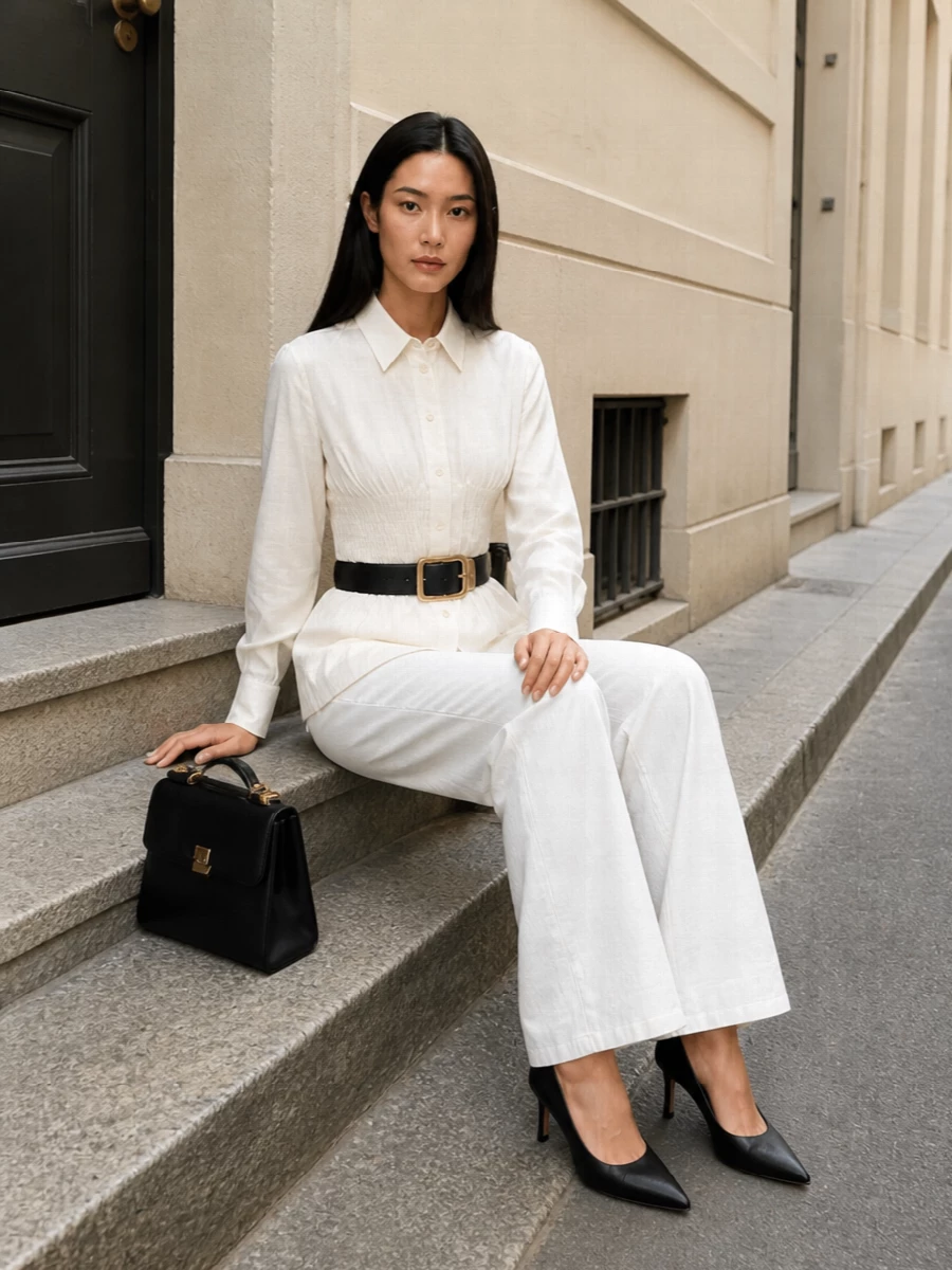 Clean optic white trousers meet a sculpted ivory shirt, creating a long, tailored line that feels precise but not stiff. Black pumps, a structured top-handle bag and a slim belt sharpen the monochrome palette, keeping the mood quietly confident and city ready. The result is polished Italian tailoring with a soft, modern waist emphasis that flatters the wide leg.