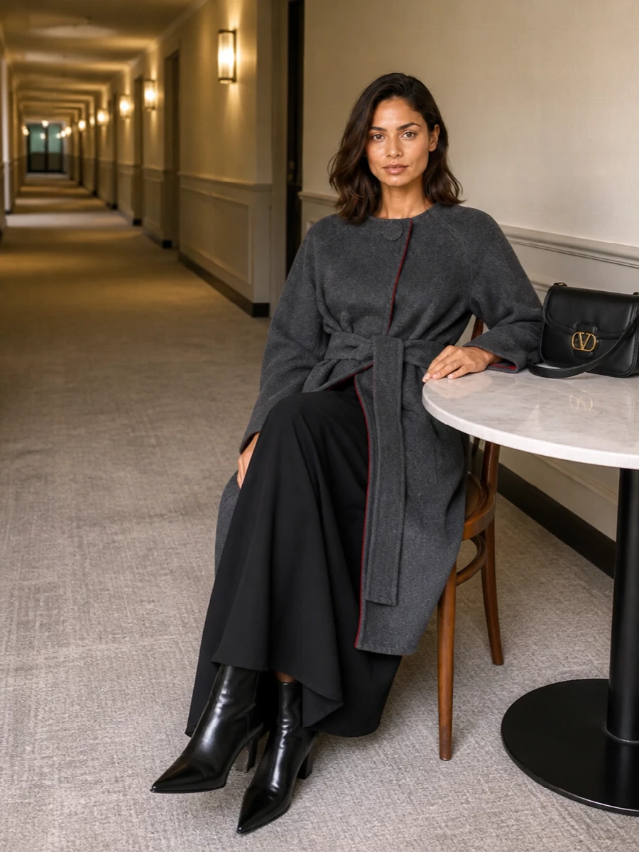 I’m styling the coat with the black wrap maxi path rather than separates so the whole ensemble reads as a single, elongated column under that belted charcoal cocoon. The result is a quietly cinematic city-evening ensemble: the coat’s grey and flash of red framing a pure black column, anchored by pointed ankle boots and a structured gold-logo shoulder bag. It is formal, minimal and spare, letting cut and movement do all the talking rather than color or print.