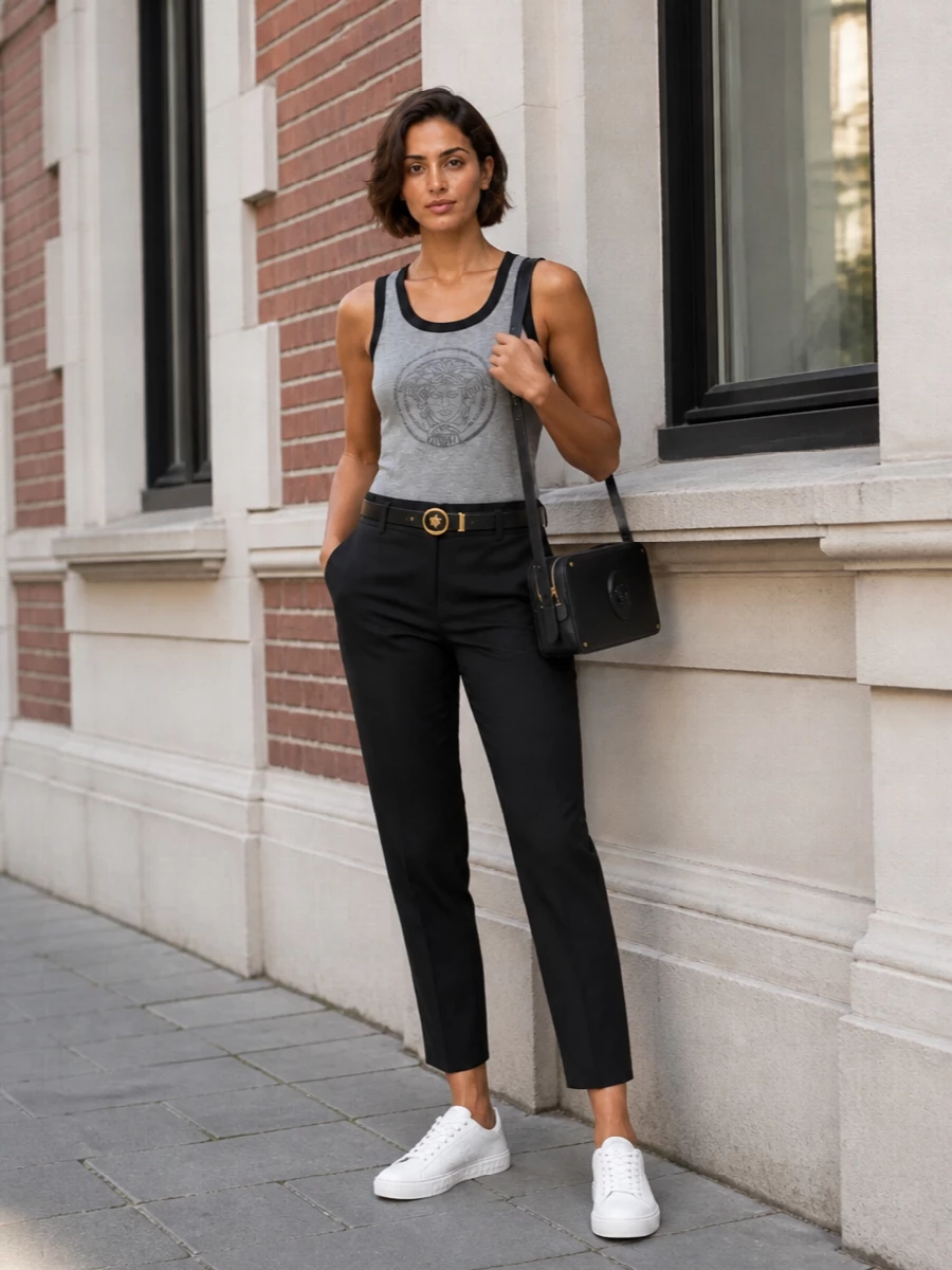 Versace medusa tank black tailored trousers outfit