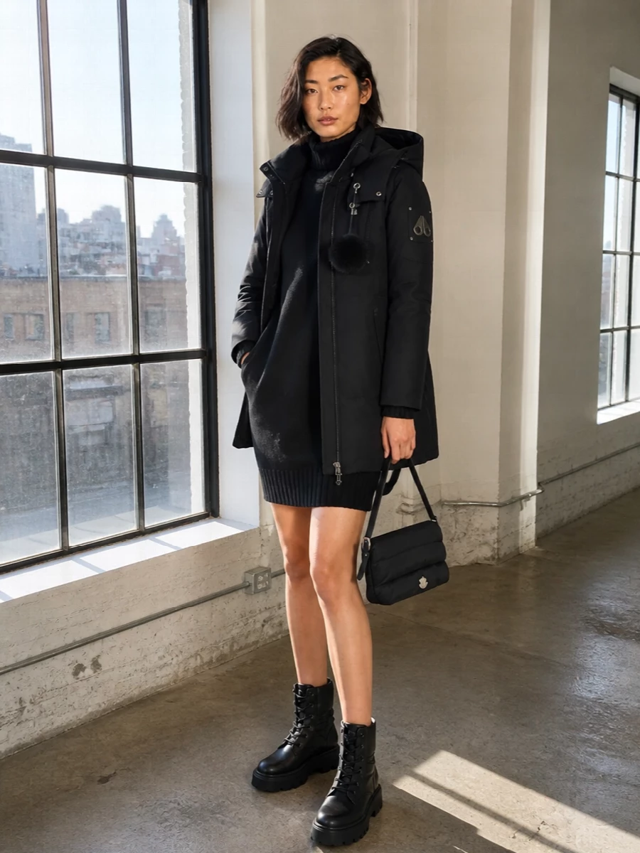 Moncler sweater dress black winter parka outfit