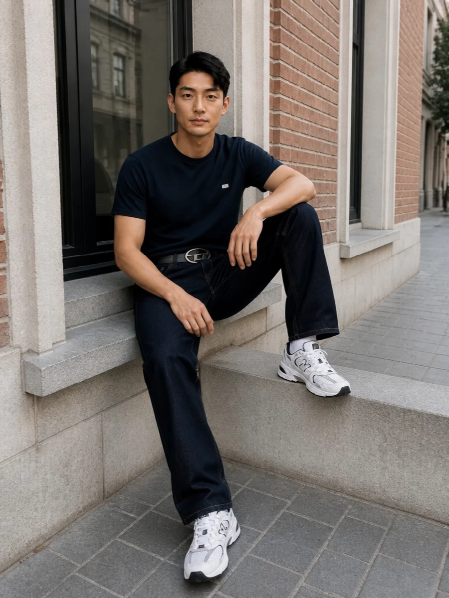 Ink navy and deep indigo create a tight, almost monochrome base that feels sharp but relaxed, letting the subtle Diesel details do the talking. Technical white-and-navy runners break the darkness just enough, giving the outfit a light, street-ready energy. A black canvas tote and logo belt keep the whole thing practical and graphic without disturbing the clean lines.