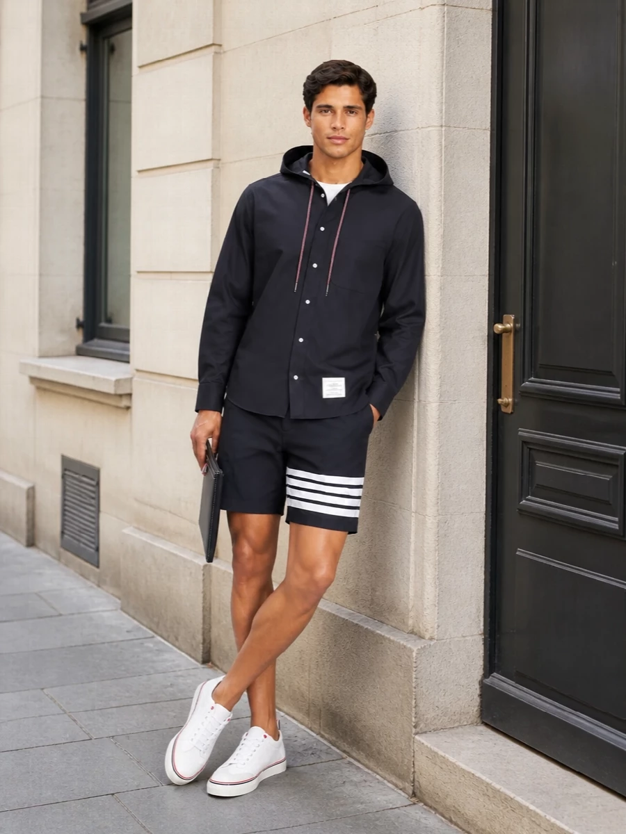 Thom browne hooded shirt navy shorts outfit