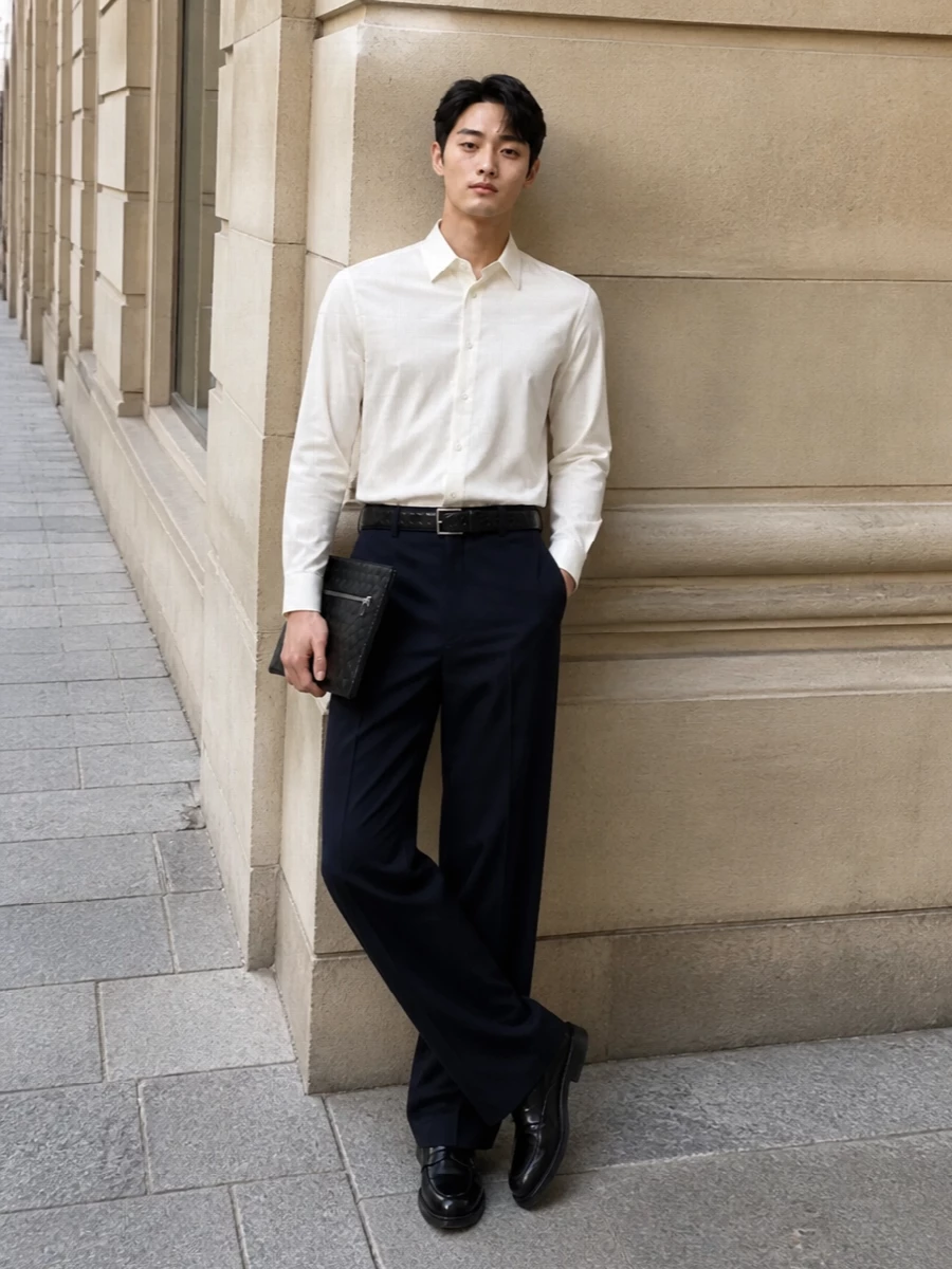 Prada wide leg trousers off white shirt outfit