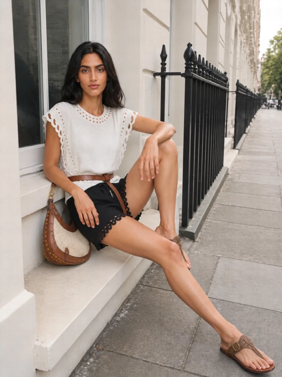 A soft ivory eyelet blouse paired with the black scalloped shorts leans into a light, romantic boho mood without feeling precious. Taupe T-strap sandals and a cream and tan crescent bag keep the palette sun-washed and neutral, grounding the texture play. A tan knotted belt pulls it together at the waist, so the volume on top still feels easy against the relaxed short.