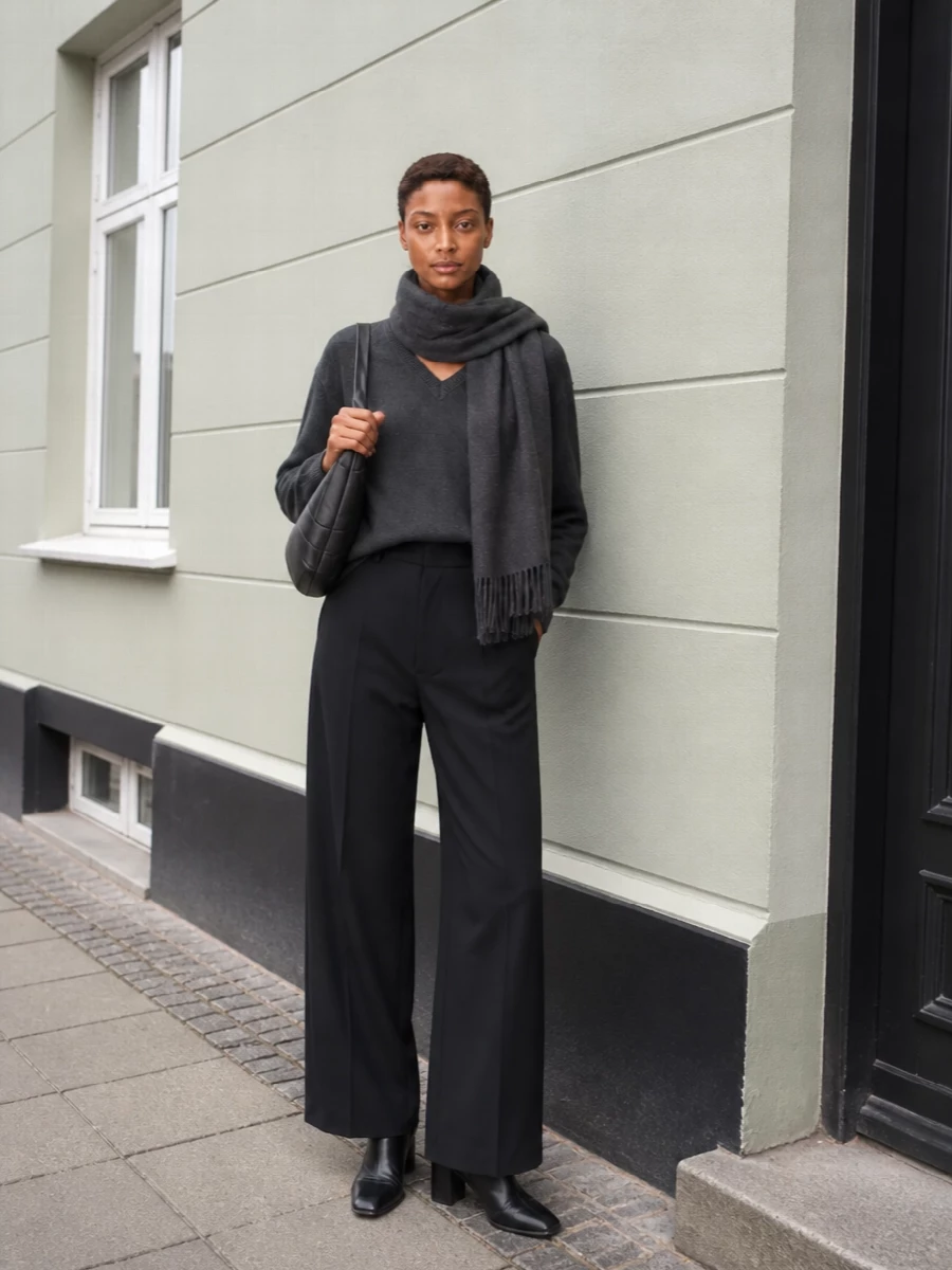 Lemaire charcoal sweater black wide leg trousers