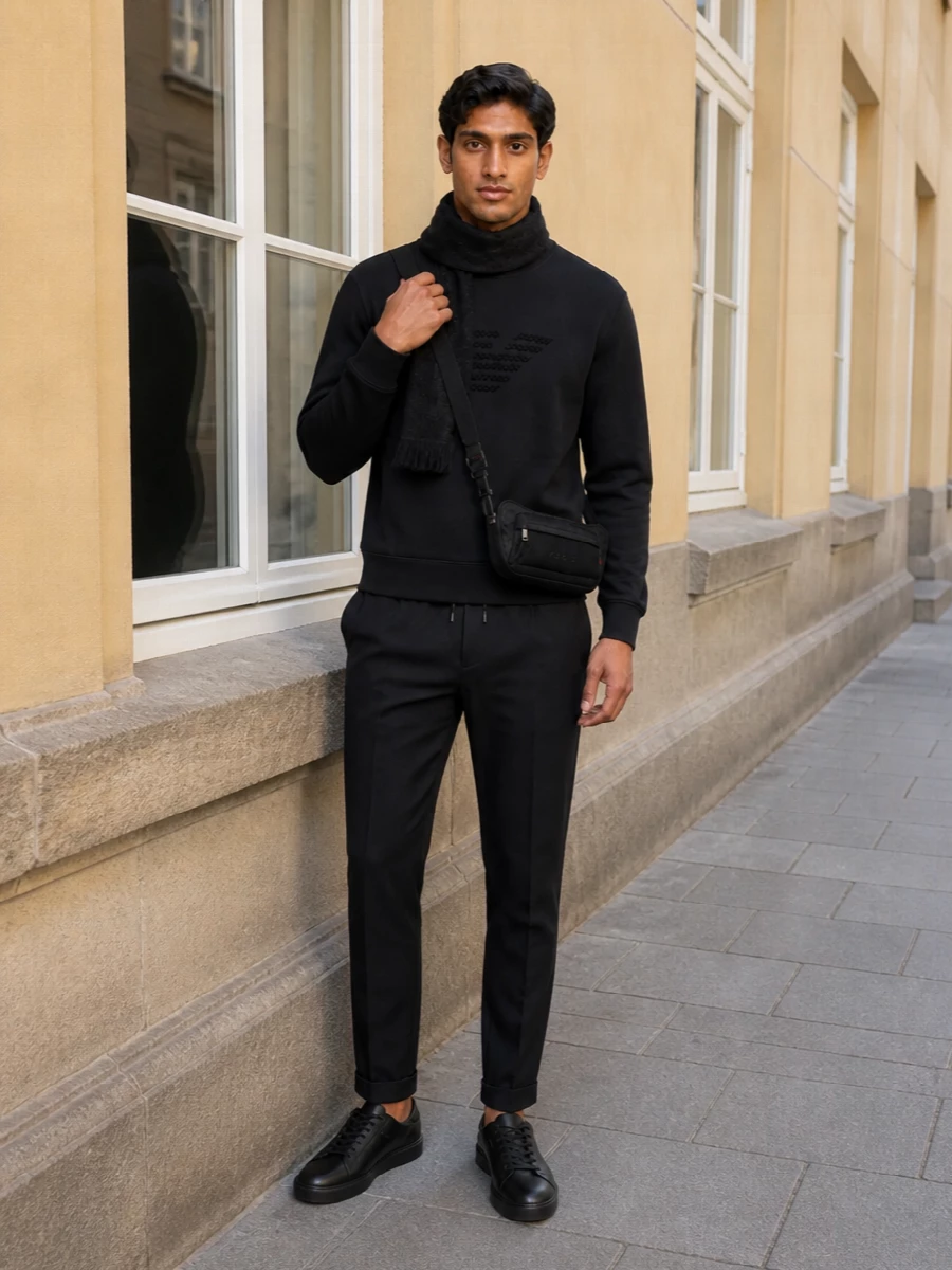 Emporio armani black sweatshirt sneaker outfit