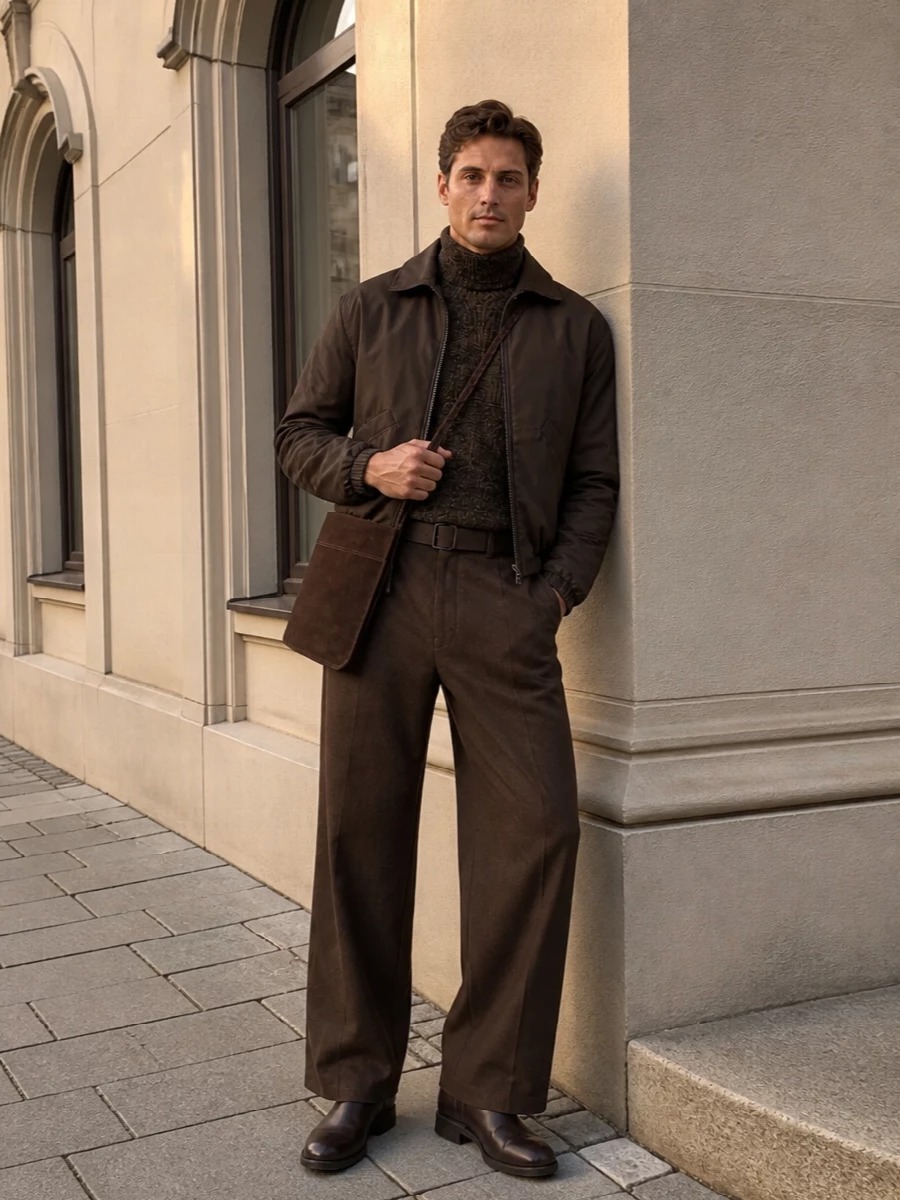 Lemaire brown jacket wide leg trousers outfit