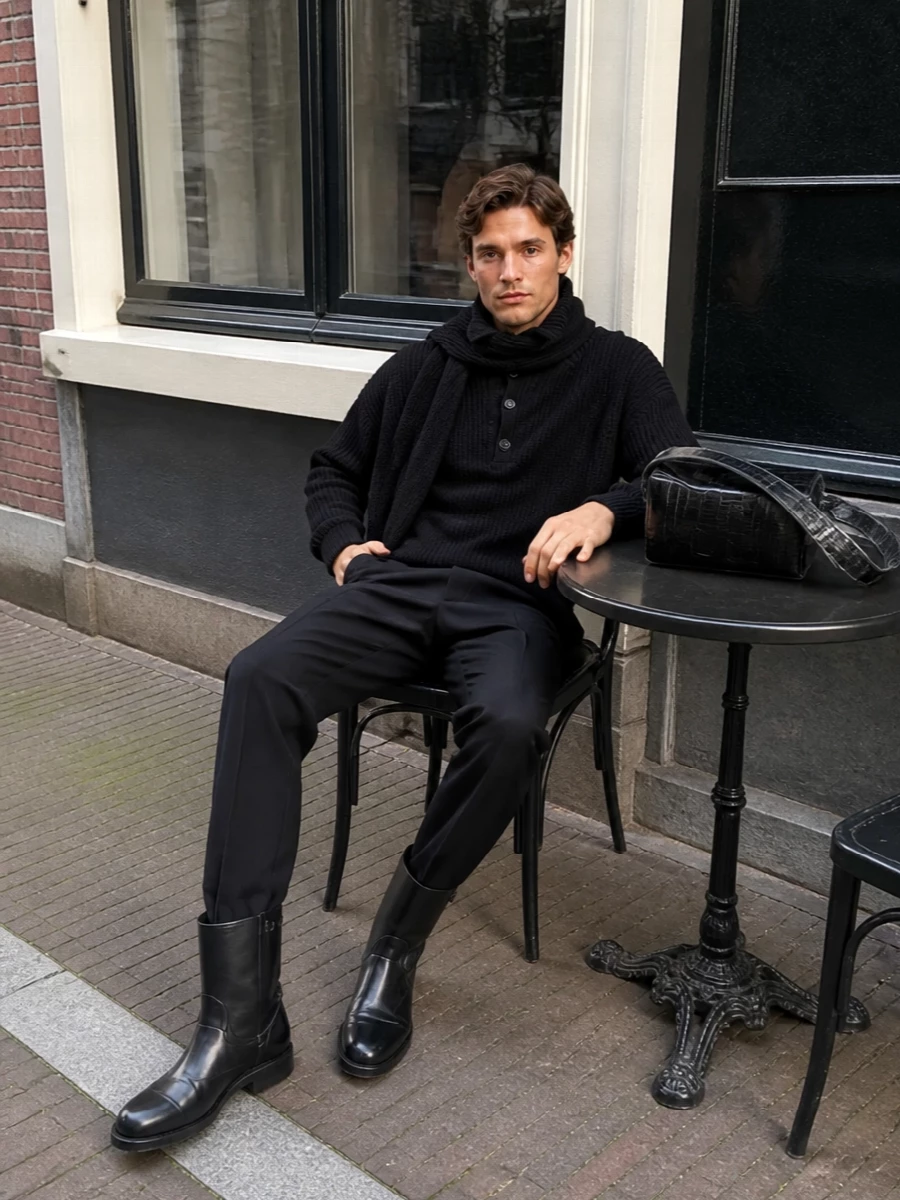 Dries van noten black funnel sweater pleated trousers