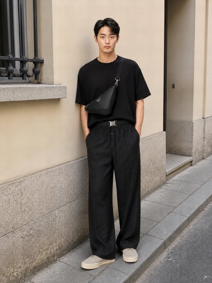 Fear of god wide leg trousers black tee outfit