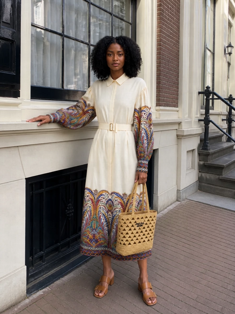 Etro’s paisley-border shirt dress is the anchor here, playing up the Prada tote’s boho texture with a more polished, Riviera-ready take on print. The buttercream base and rich border colours sit beautifully against the straw beige bag, while the tan Tod’s sandals ground everything in an easy, city-to-beach mood. This path beats separates because the one-and-done shirt dress keeps the silhouette clean and breathable, letting the raffia and paisley textures do the talking without breaking the line at the waist.