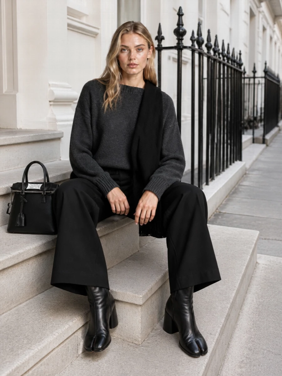 Charcoal and black are kept in a narrow, precise palette, letting the jumper’s relaxed boat neck and the high-waisted wide leg do the work. The split-toe boots and structured top-handle bag introduce subtle Margiela signatures while staying low-key, so the whole outfit reads calm, elongated and quietly directional for city days and understated evenings. A soft black scarf simply deepens the column and adds warmth without distracting from the clean proportions.