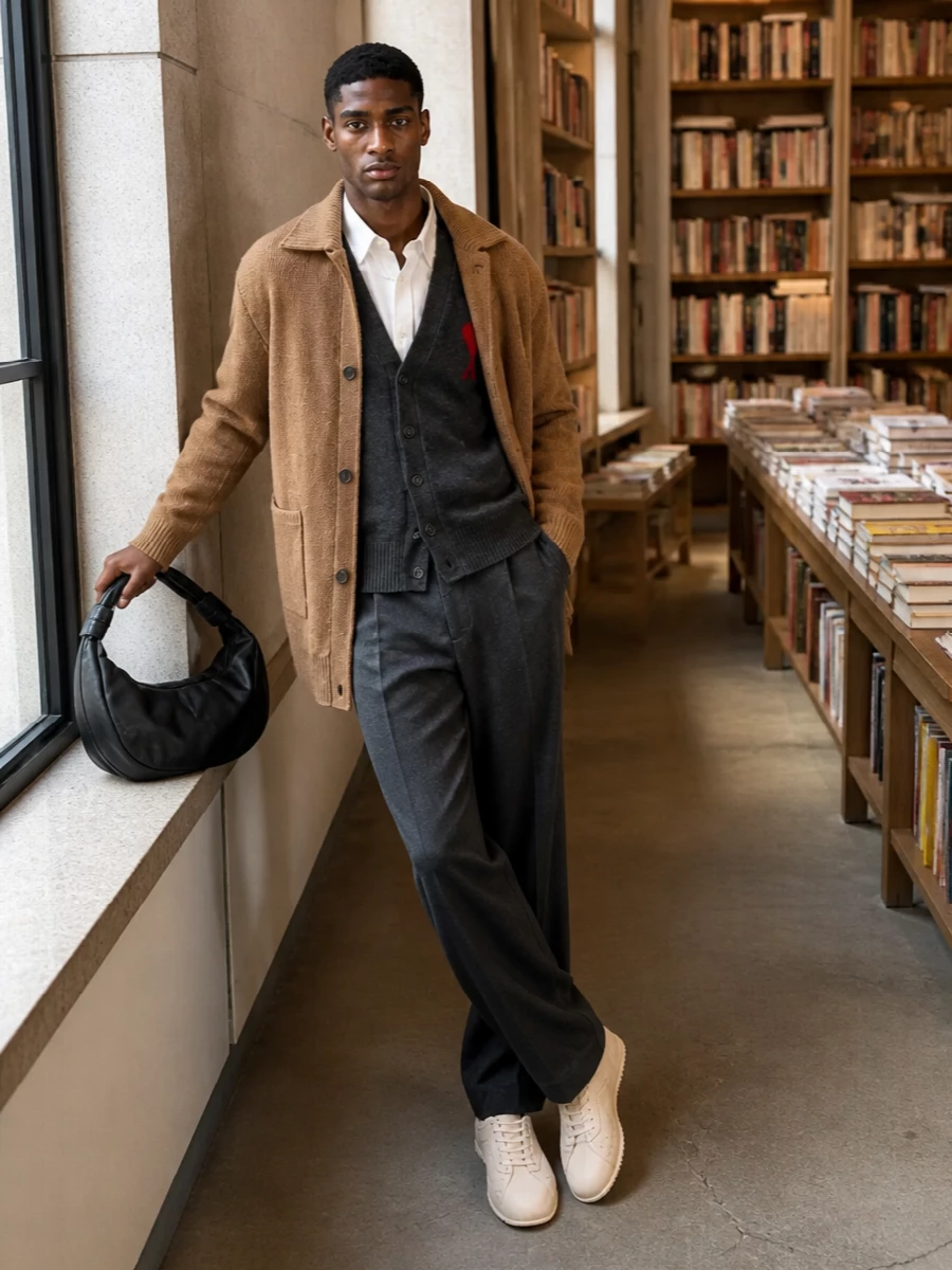 Ami paris camel coat charcoal trousers outfit