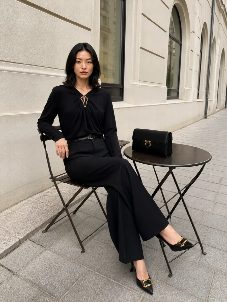 A quietly dramatic black-on-black ensemble lets Lanvin’s sculpted cut-out top and liquid wide-leg trouser do the talking. The pointed satin pumps and structured shoulder bag echo the pale-gold hardware, keeping the mood refined and evening-focused. A slim belt is optional punctuation at the waist, maintaining a long, uninterrupted line when left off or a sharper definition when worn.