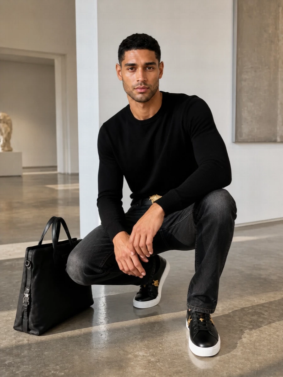 Versace black jeans black knit sneakers outfit