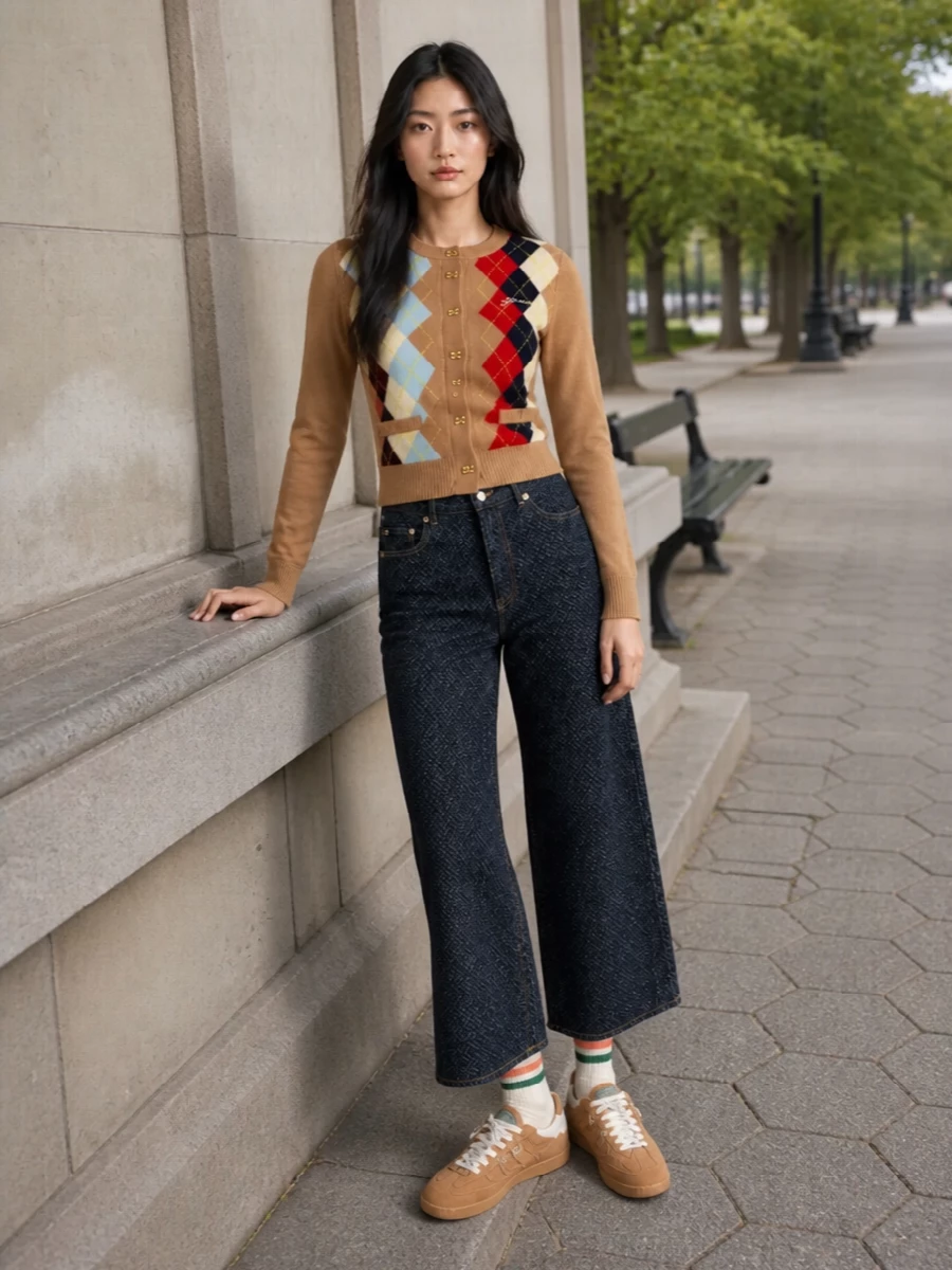 Ganni argyle cardigan wide leg jeans outfit