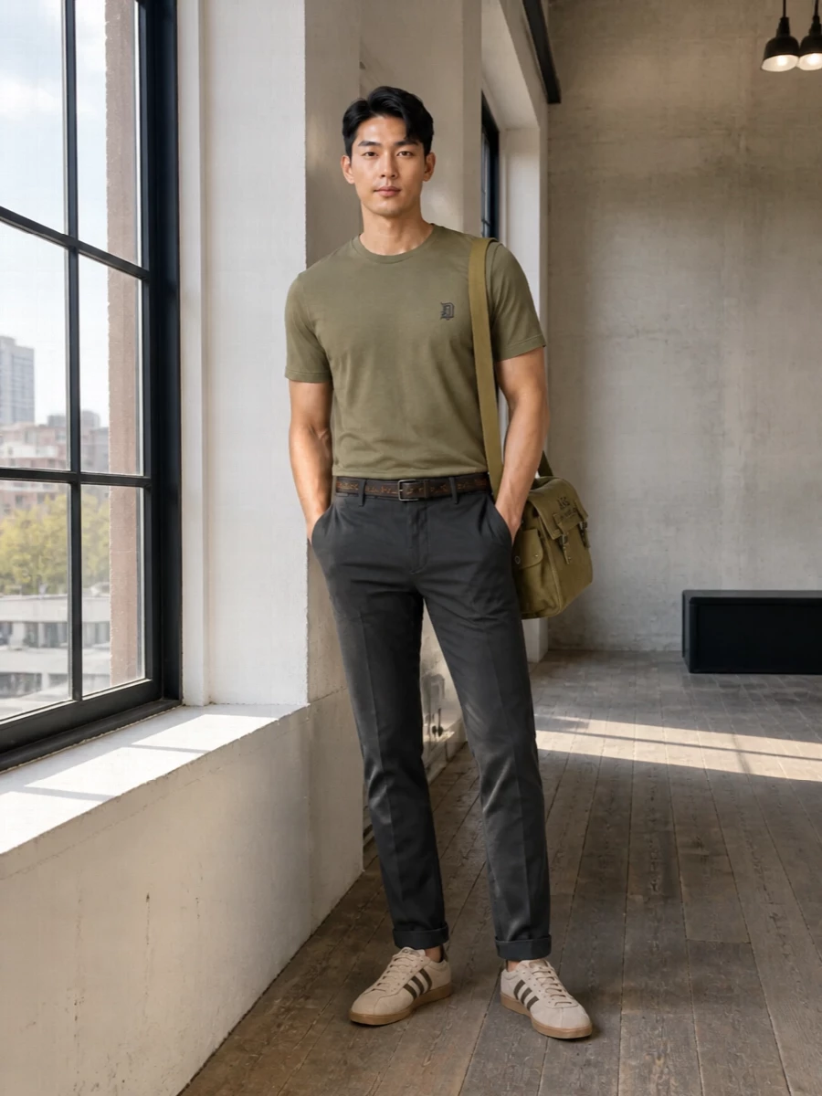 Dondup khaki tee charcoal chinos adidas sneakers
