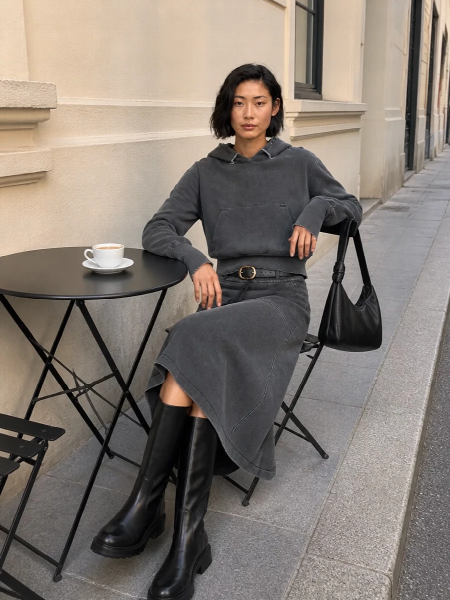 Our legacy charcoal hoodie midi skirt knee boots