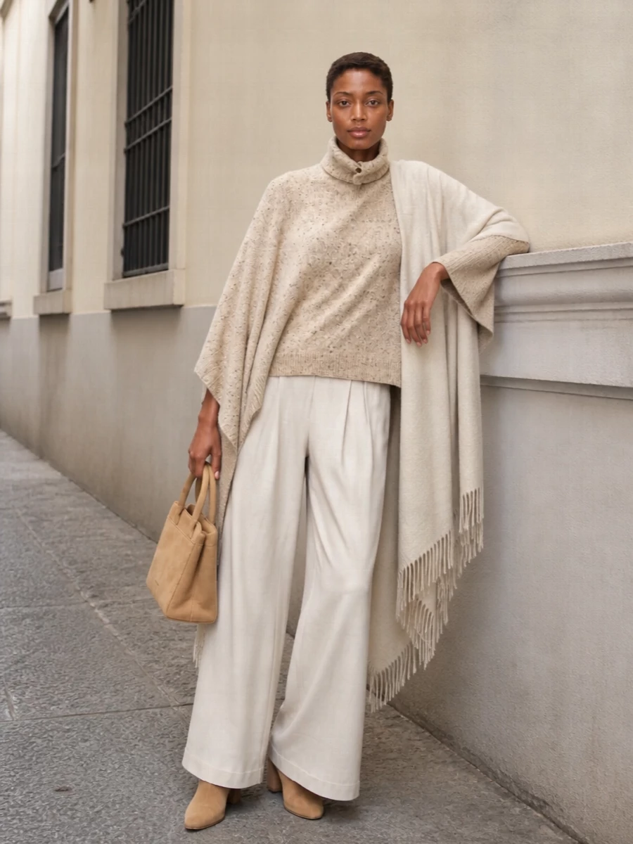 A speckled oatmeal poncho grazes over light stone wide-leg trousers, creating a soft column of neutral tone and gentle volume. Camel suede ankle boots and a matching structured tote introduce warm, tactile structure that keeps the outfit refined yet relaxed. An oatmeal wrap finishes the palette with an extra whisper of softness for cooler days.