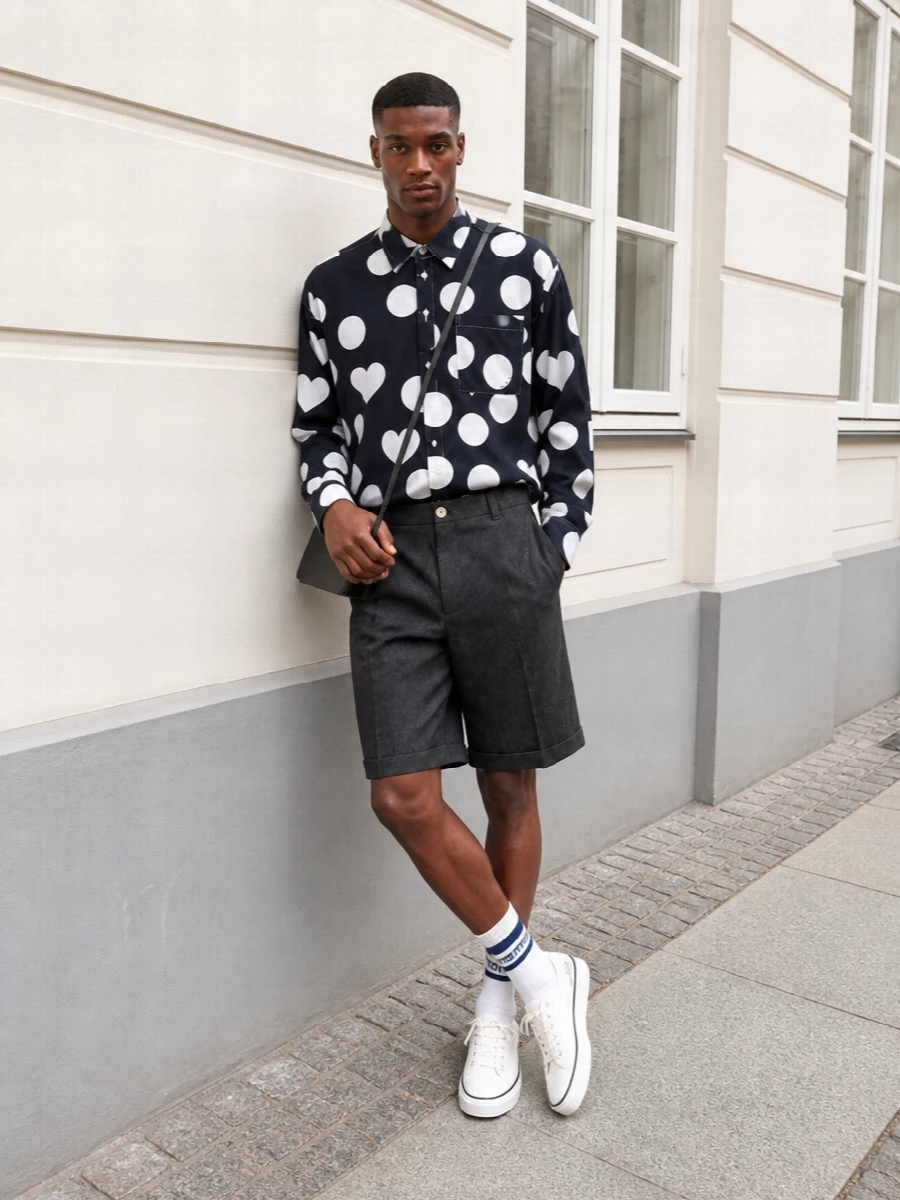 Graphic Jacquemus shirting is grounded with charcoal pinstriped shorts so the dots and hearts stay playful but grown up. Off-white canvas sneakers and a slim black shoulder bag keep everything sharp, light and easy for city days. Navy striped socks are the only subtle echo of pattern, reinforcing the palette without competing with the shirt.