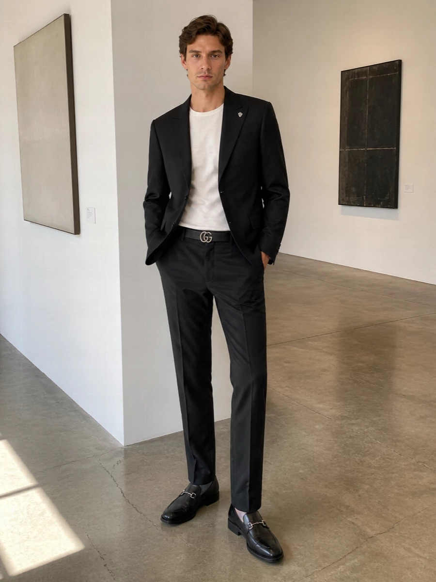 Gucci’s straight-leg black trousers set a clean, elongated foundation, sharpened by the charcoal single-breasted blazer for a composed, modern take on city tailoring. The black horsebit loafers and slim embossed briefcase keep the finish precise and polished, while a discreet monogram belt adds just enough house signature without disturbing the quiet, formal mood.