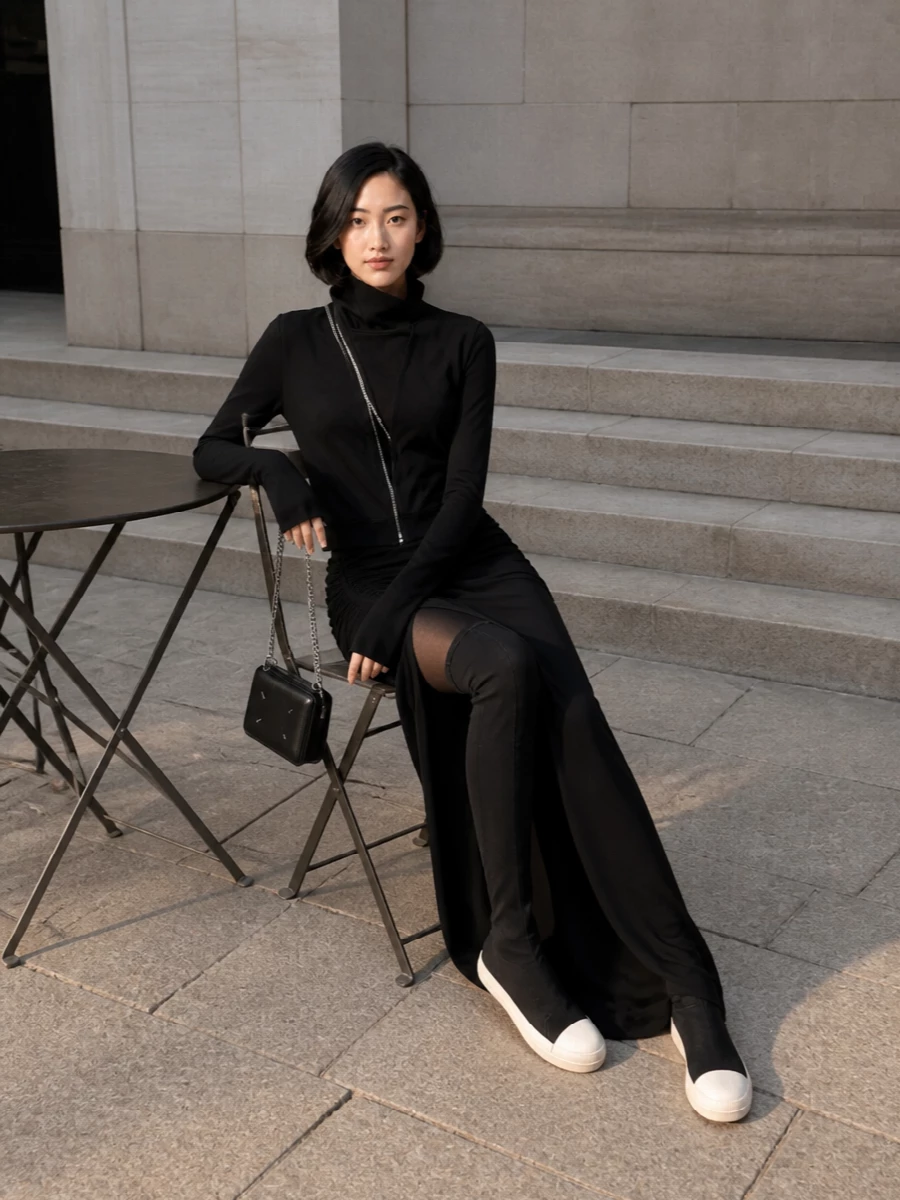 Rick owens black sheer top ruched maxi skirt outfit